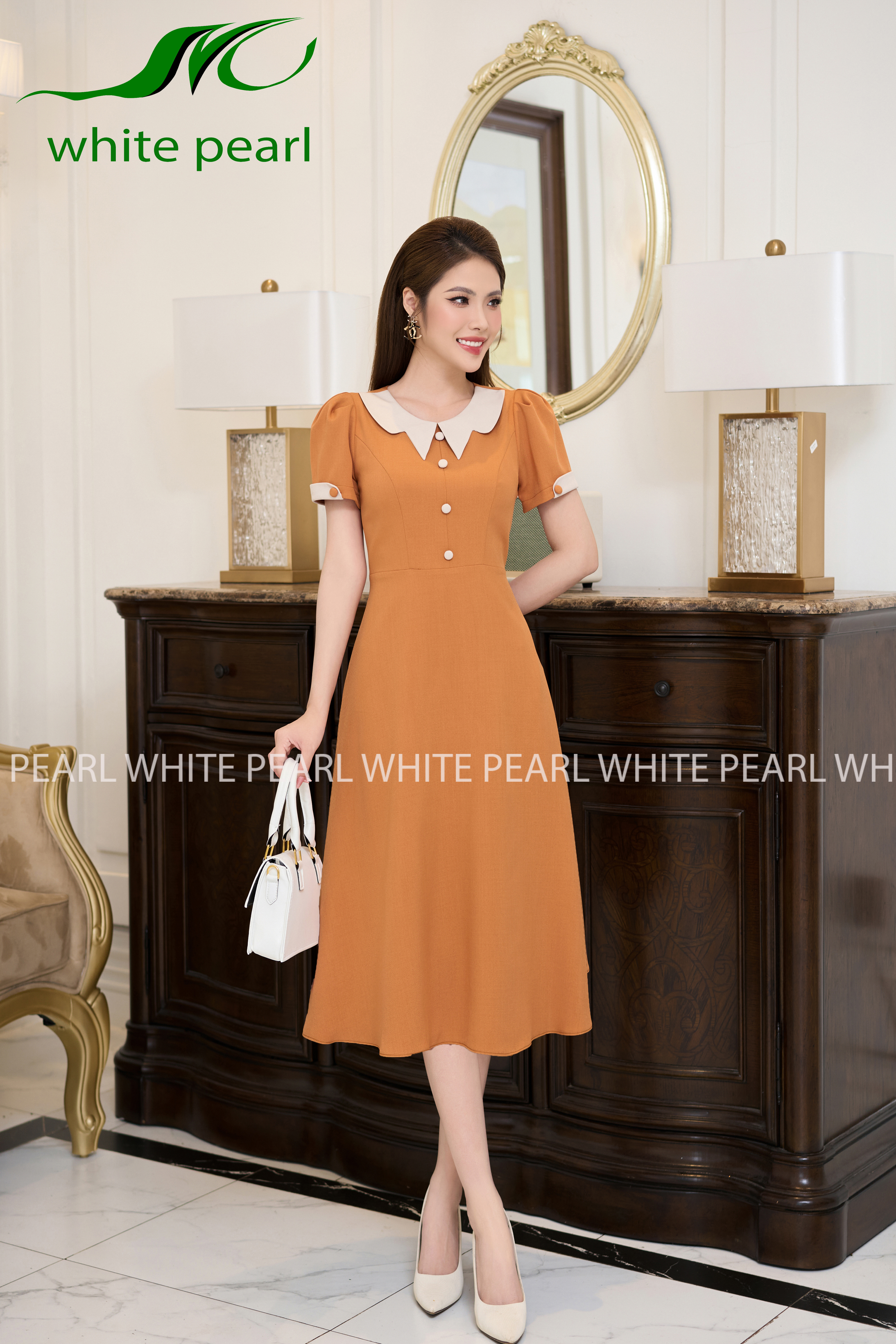 Đầm xòe liền cổ sao D2405 màu cam thời trang công sở cao cấp White Pearl_thumbnail_0