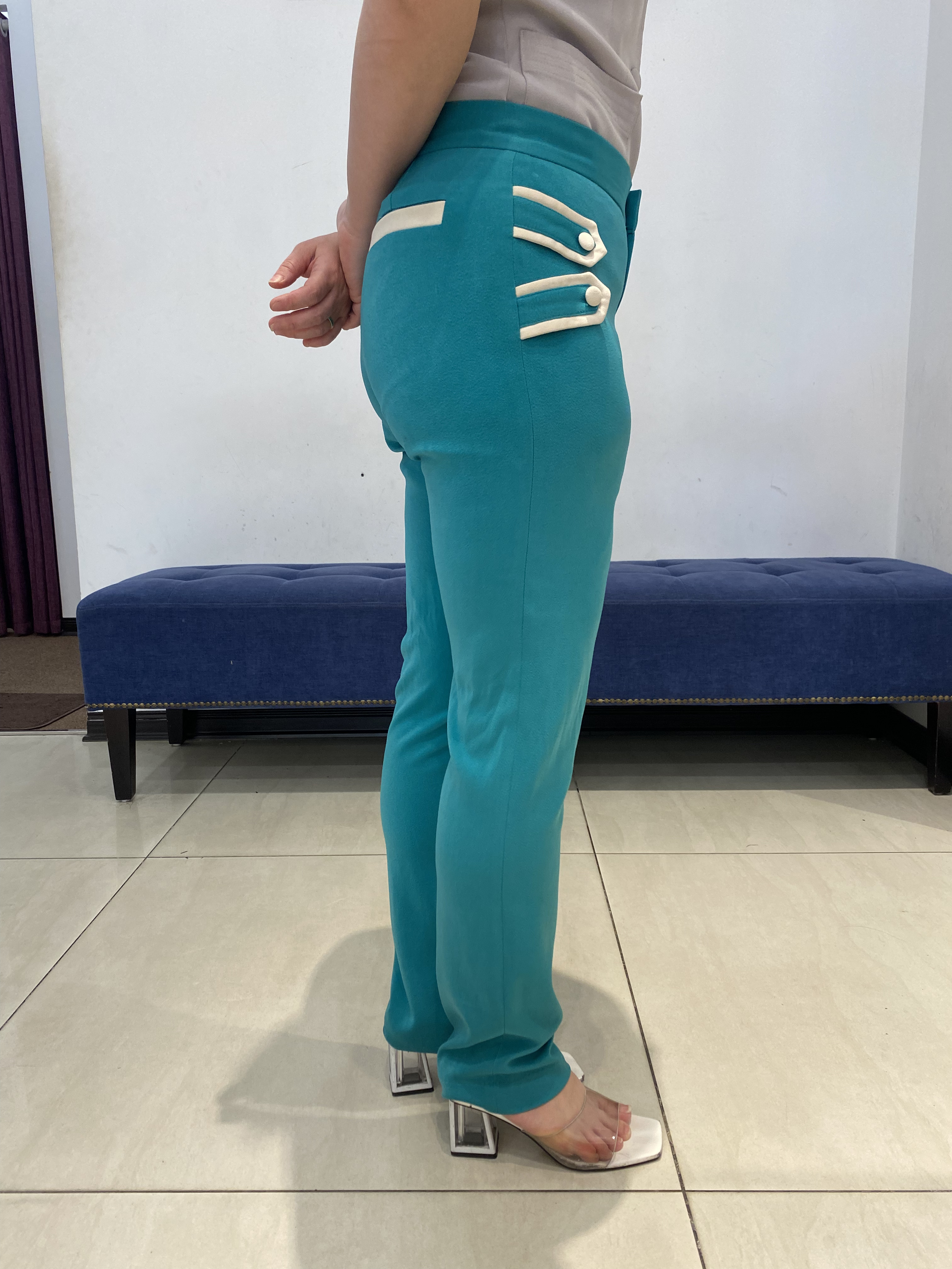 Quần ống đứng cạp tiêu chuẩn vải Tuytxi dày màu xanh