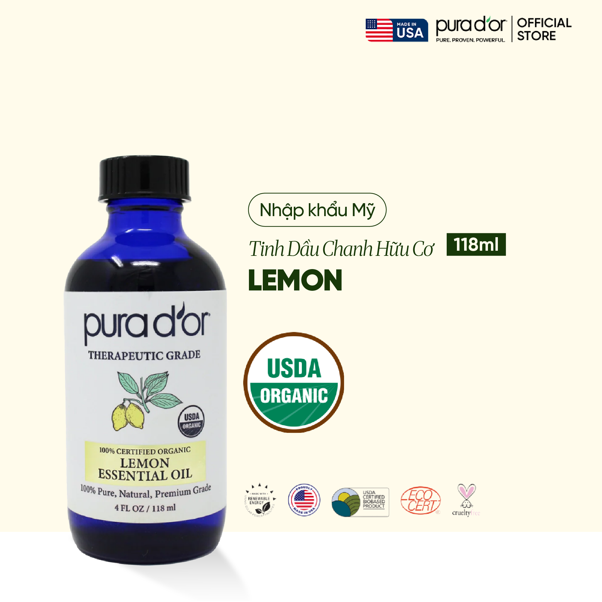 X[Quà tặng không bán] Tinh Dầu Chanh Hữu Cơ PURA D’OR Therapeutic Grade Lemon Essential Oil 118ml