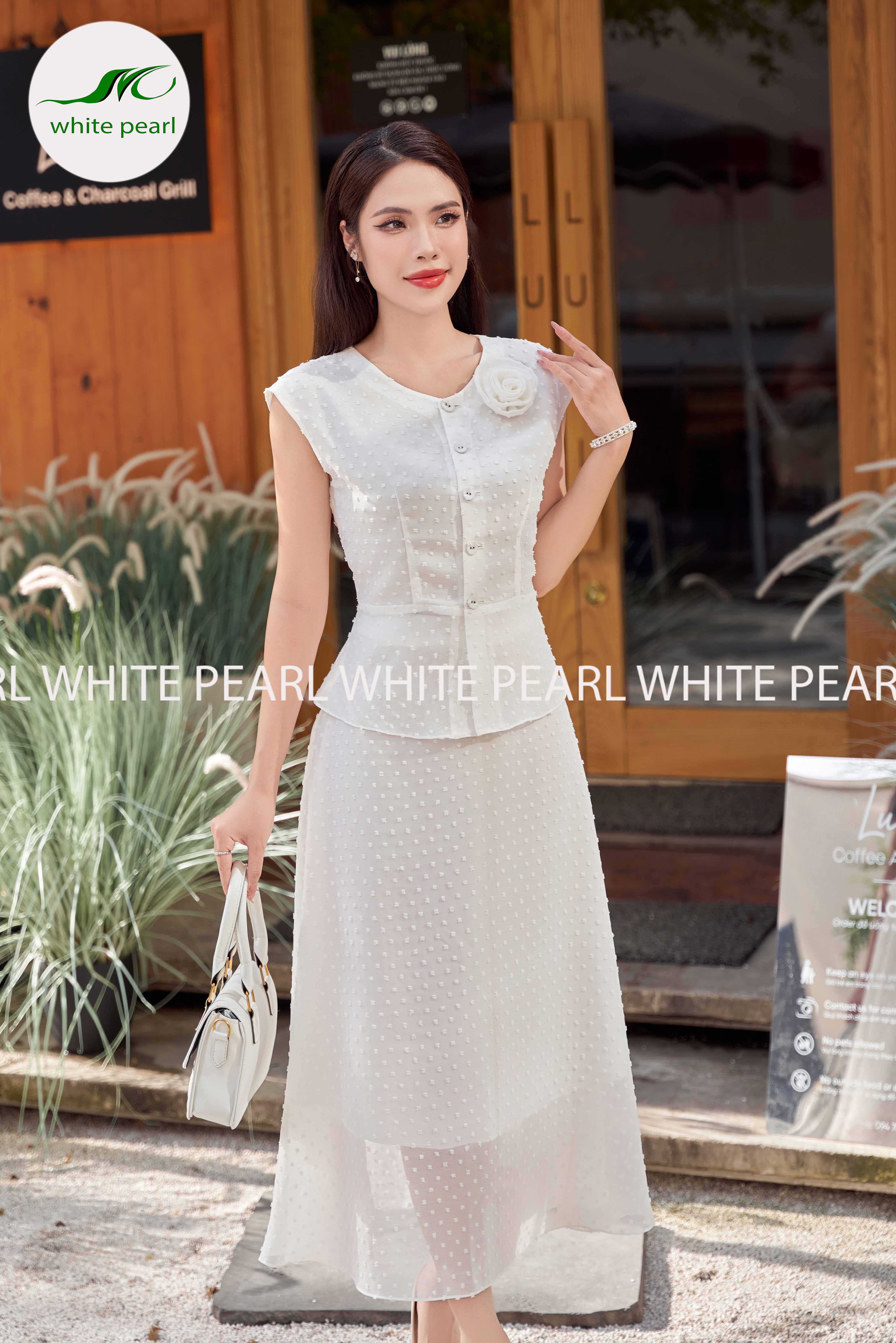 SET Áo bepzum kết hợp chân váy xòe Màu trắng thời trang công sở cao cấp White Pearl_thumbnail_2