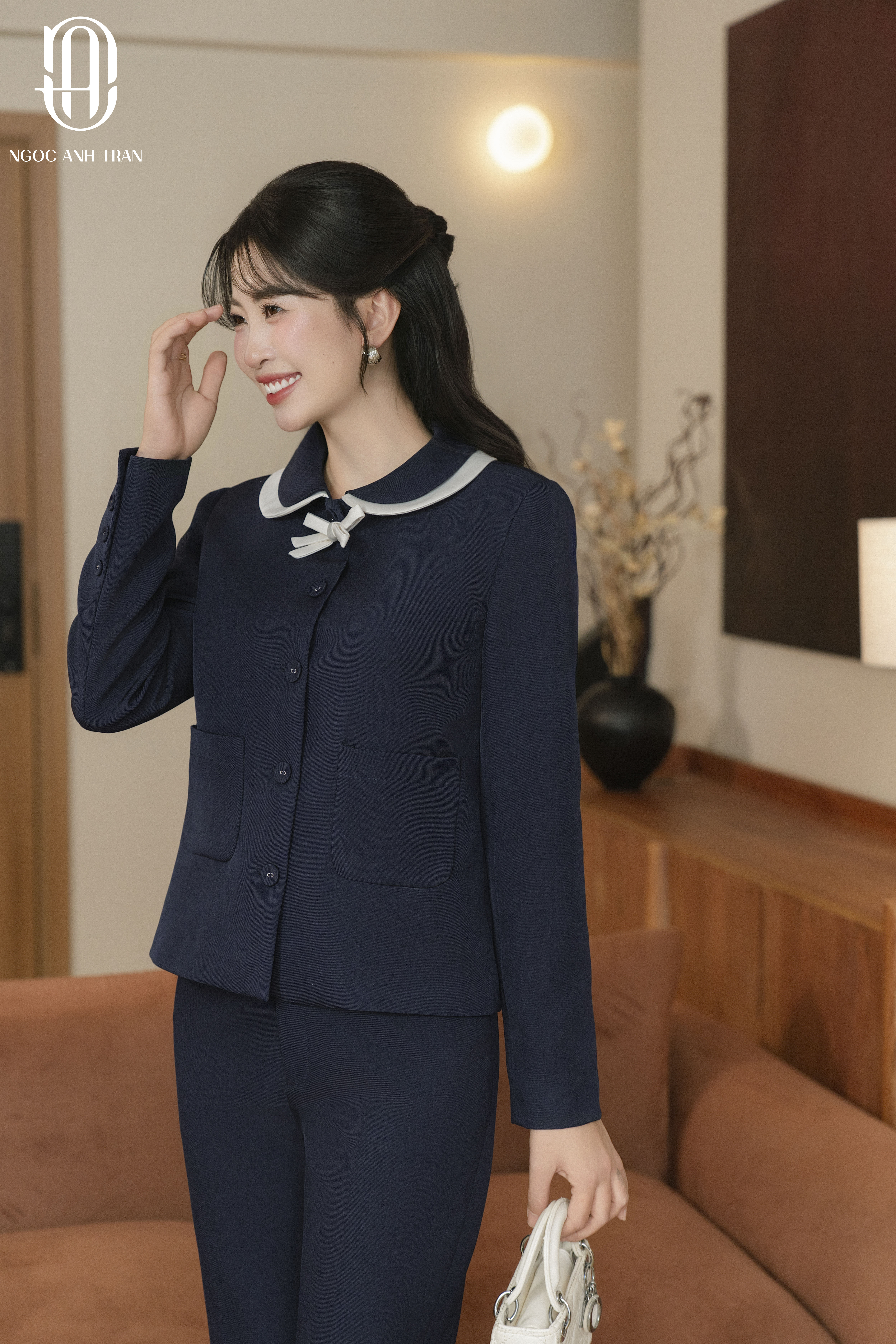 A257 - Set áo kiểu xanh than cổ sen trắng phối quần baggy navy_thumbnail_4