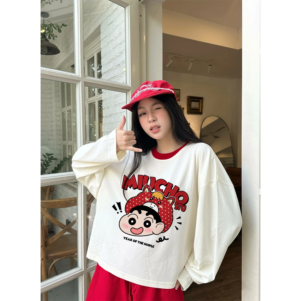 Áo thun boxy tay dài phối cổ be đỏ hoạt hình dễ thương Miucho vải dày dặn thoáng mát 2979_thumbnail_6