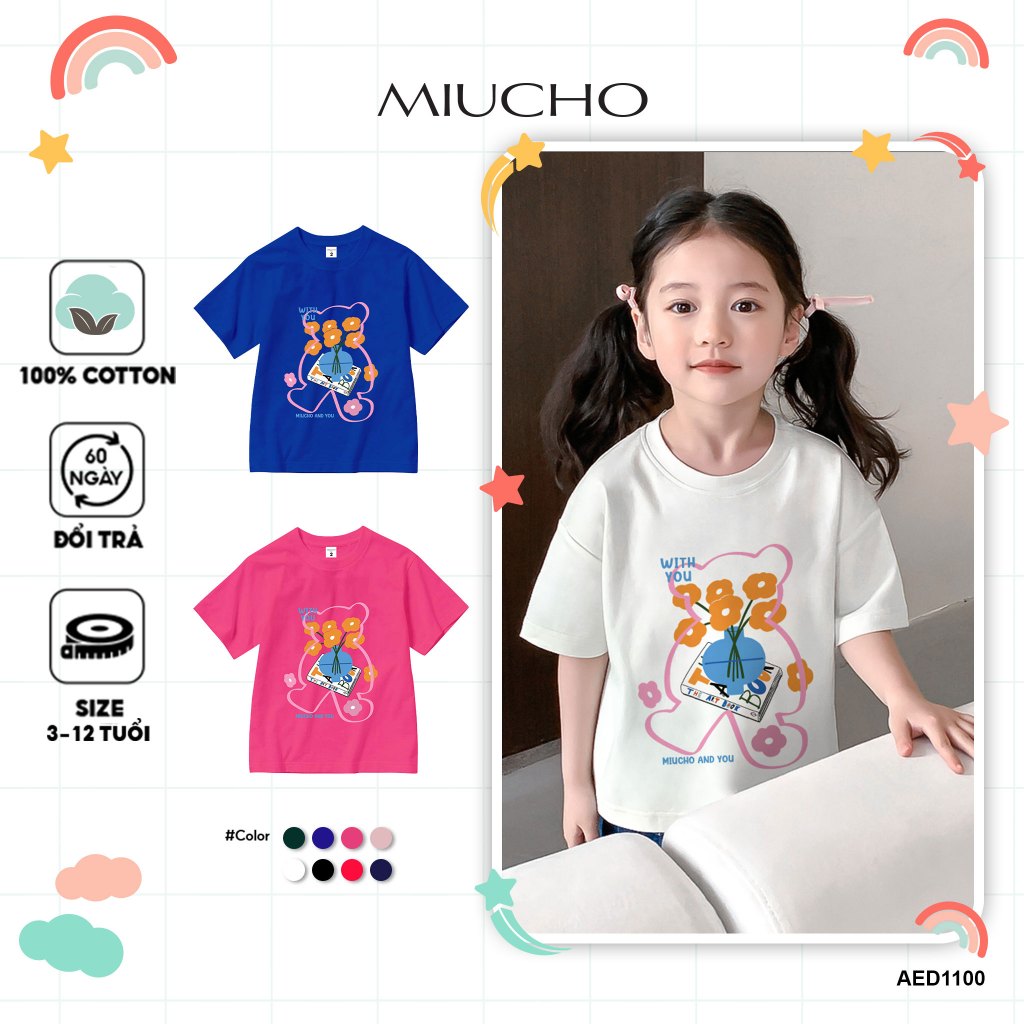 Áo thun cho bé gái cute form rộng AED1100 Miucho Kid tay ngắn cổ tròn style hàn quốc in mix