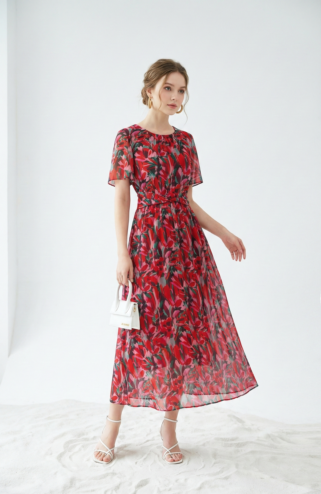 Đầm maxi vải voan chiffon đỏ in họa tiết cách điệu dáng ôm chân rủ cổ tròn tay ngắn thiết kế MAZANO_thumbnail_1