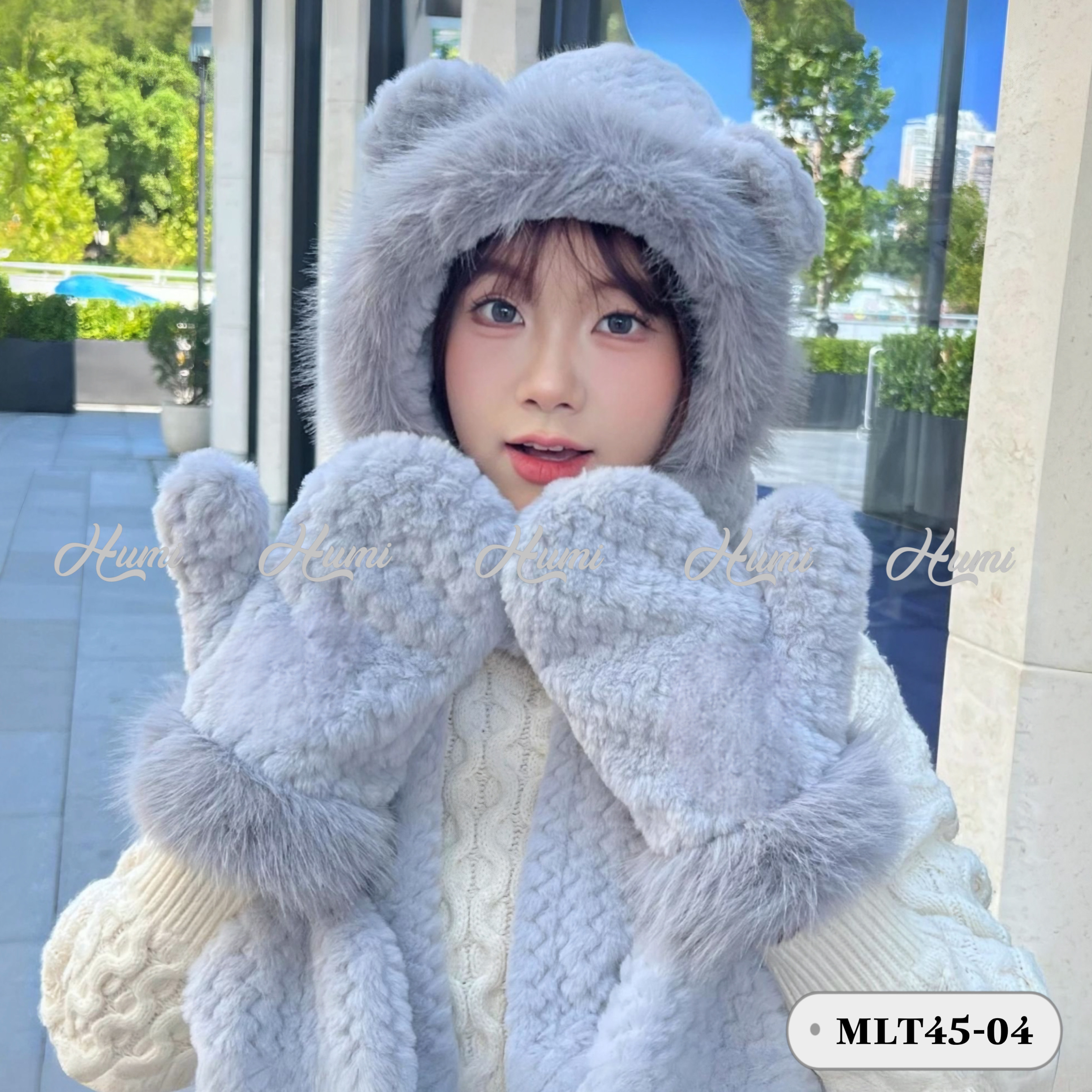 COMBO MŨ KHĂN LÔNG KÈM GĂNG TAY (MLT45-04 Ghi)