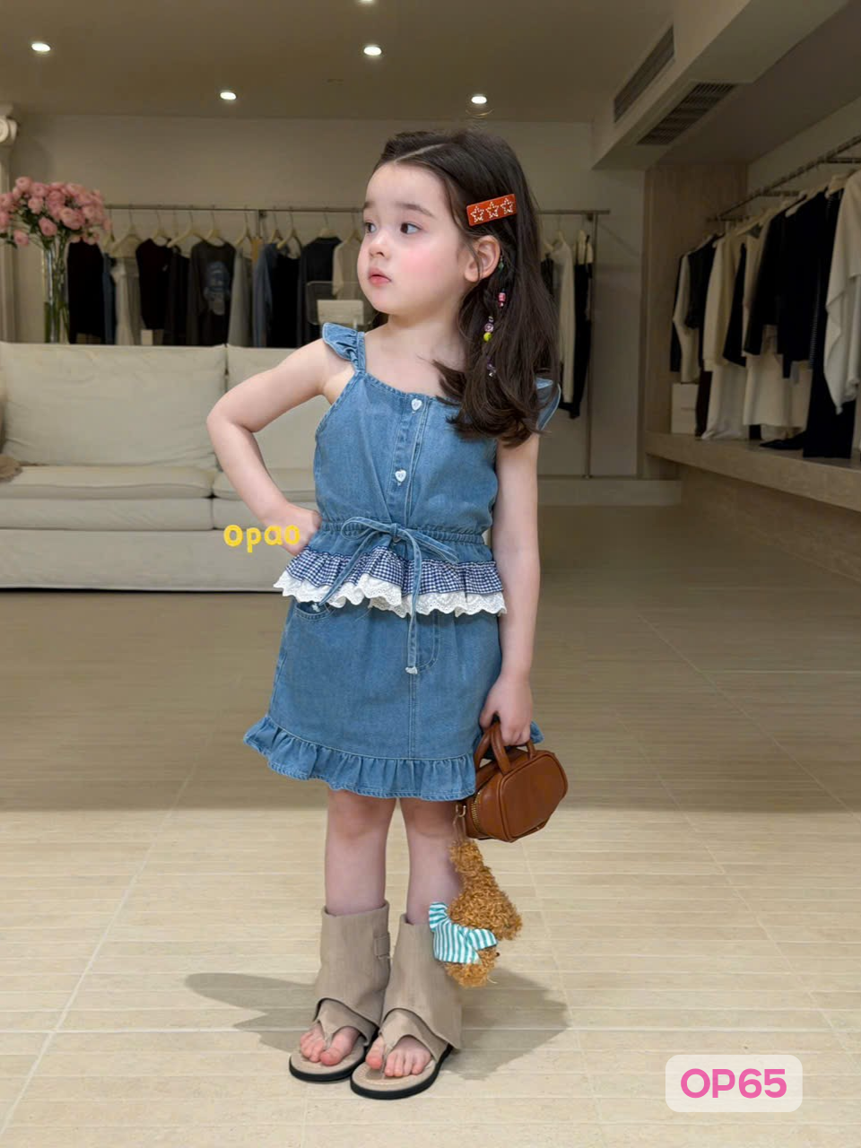 OP65 - Set váy jean 2 dây bèo lai phối ren hãng Opao