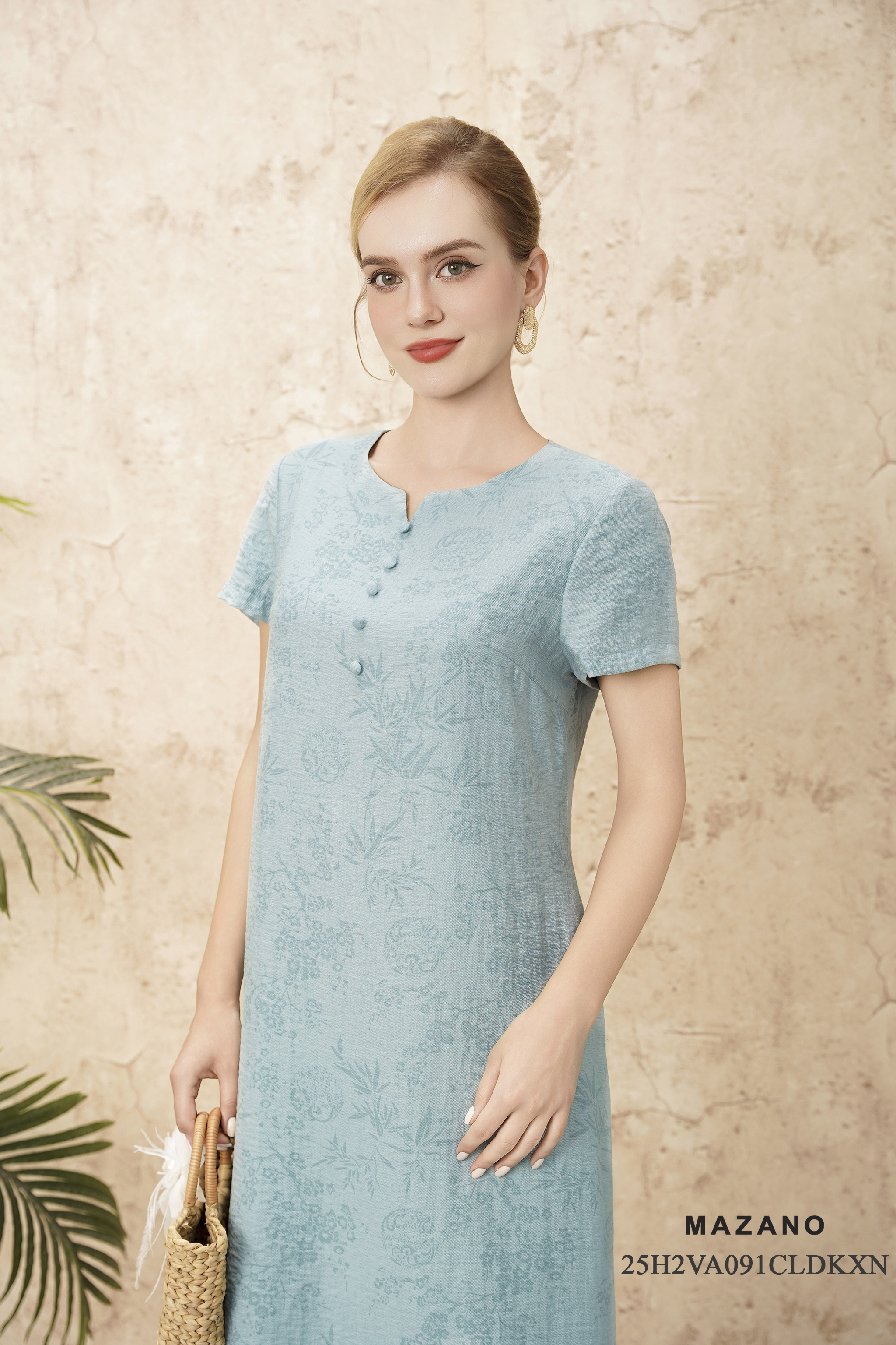 Váy Đầm Suông A Vải Linen lụa Hoạ tiết truyền thống Cổ tròn Tay ngắn Dài ngang bắp chân_thumbnail_4