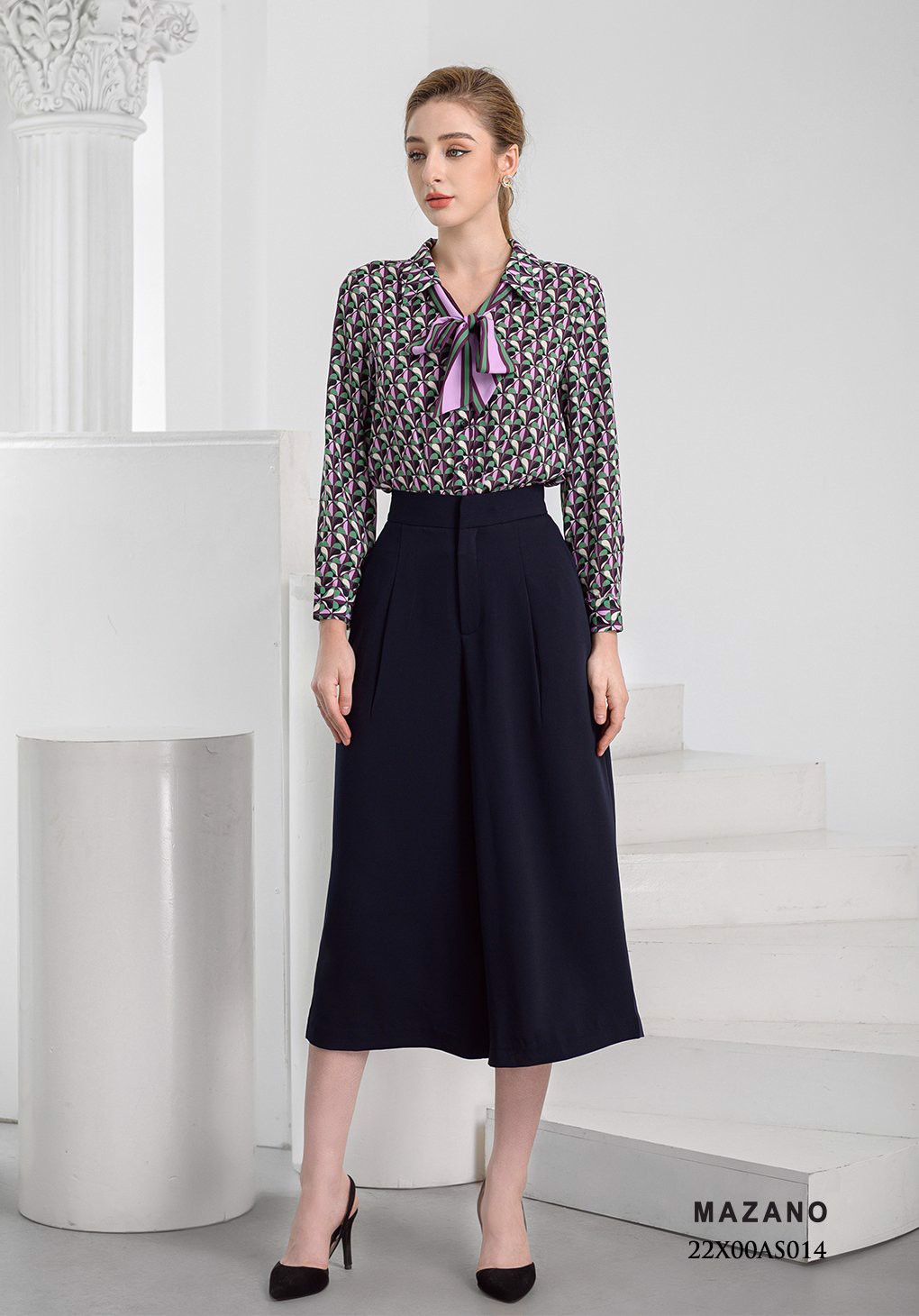 Áo sơ mi phối nơ kẻ dài tay_thumbnail_3