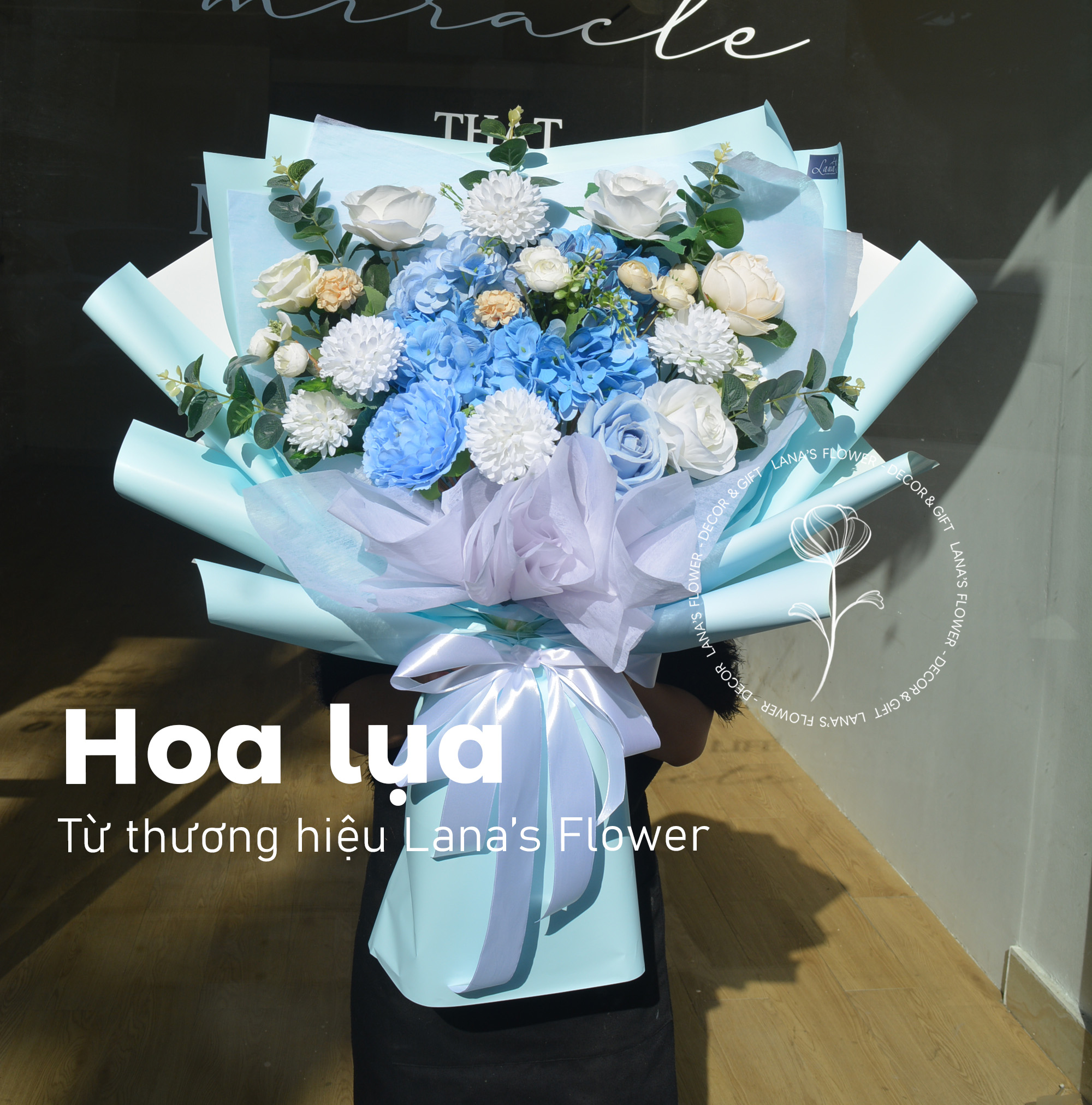 Bó hoa lụa size L - Tone Xanh dương