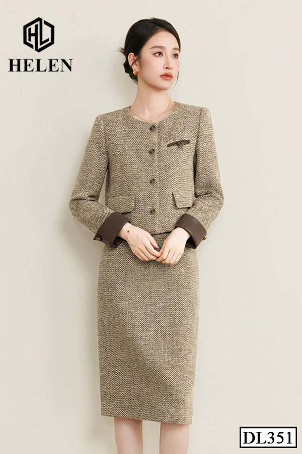 (Pre-order) Đầm liền màu nâu giả set cổ tròn tay dài DL351_thumbnail_2