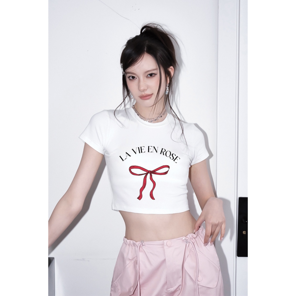 Áo croptop nơ xinh form ôm CRD1219 Miucho tay ngắn vải cotton thoáng mát cổ tòn in mix_thumbnail_2
