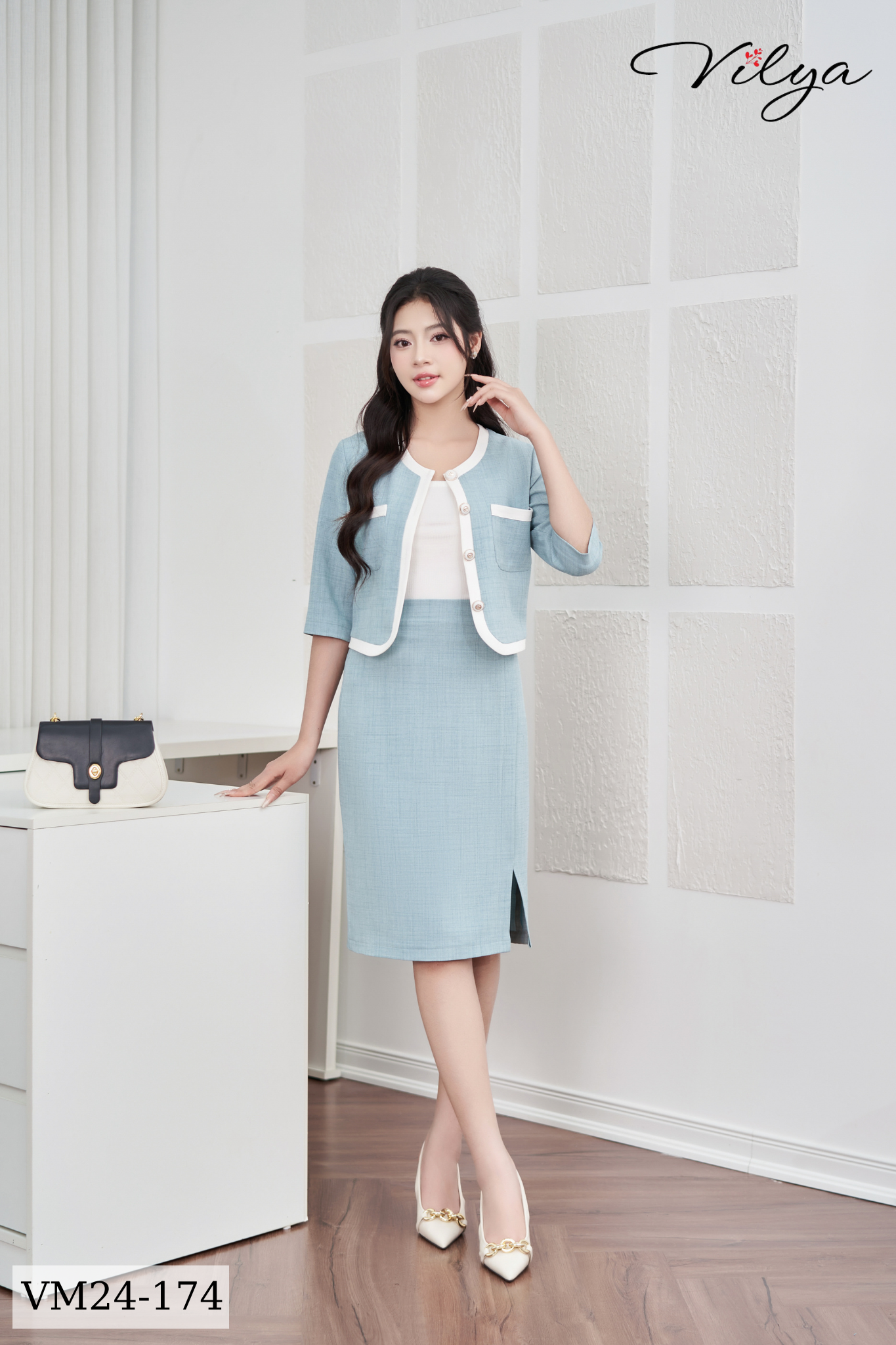 Set Áo vest + chân váy bút chì VM24-174 chất tuýt si xước, lót haputai thoáng khí