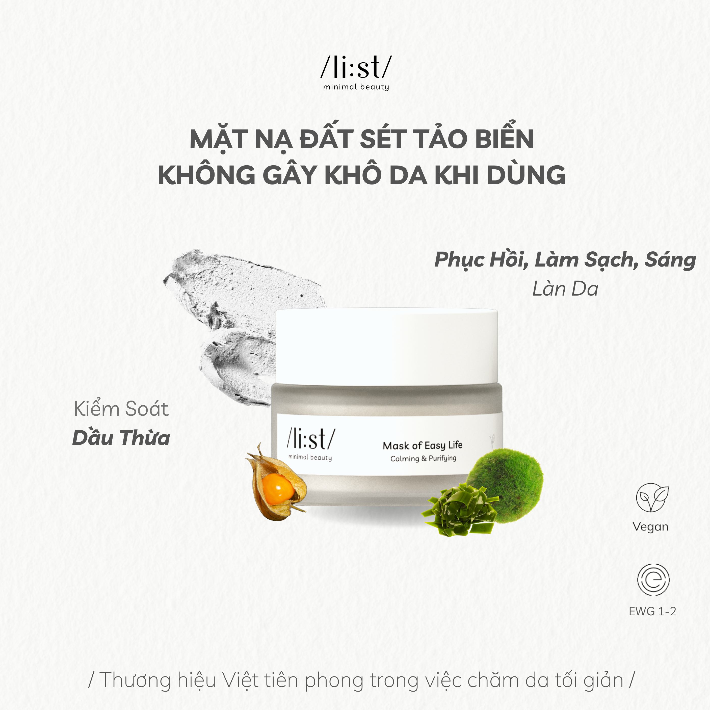 Mặt Nạ Đất Sét Tảo Biển Li:st Hút Dầu Thừa, Phục Hồi, Cân Bằng Vi Sinh Và Không Gây Khô Căng Mask of Easy Life 30g