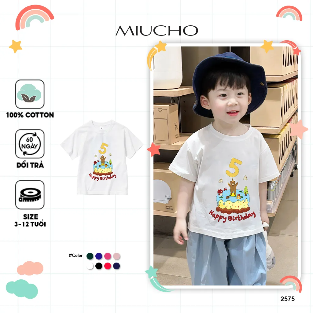 Áo thun cho bé sinh nhật 5 tuổi form rộng 2575 Miucho Kid vải cotton mềm mại thoáng mát thấm hút mồ hôi