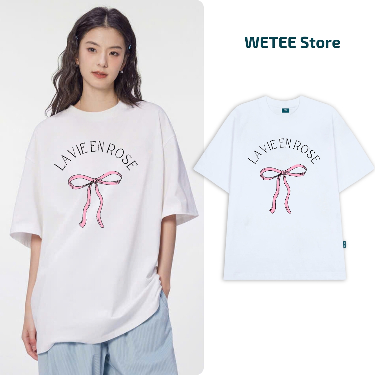 Áo phông nữ form rộng in hình nơ và hoa nữ tính local brand 𝐖𝐞 𝐓𝐞𝐞 - T013