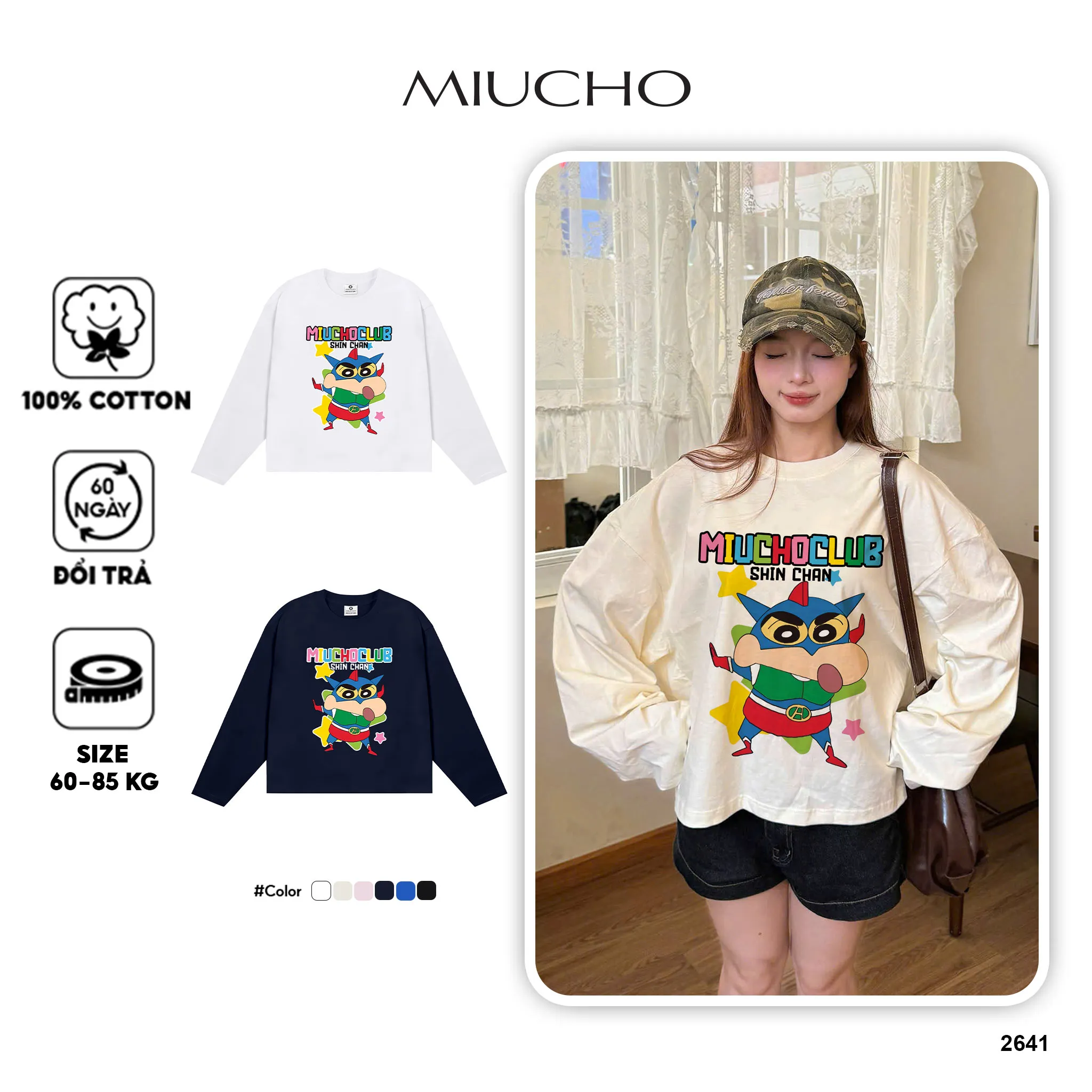 Áo thun boxy tay dài SHIN CHAN 2641 Miucho vải cotton co giãn 2 chiều thoáng mát thấm hút tốt
