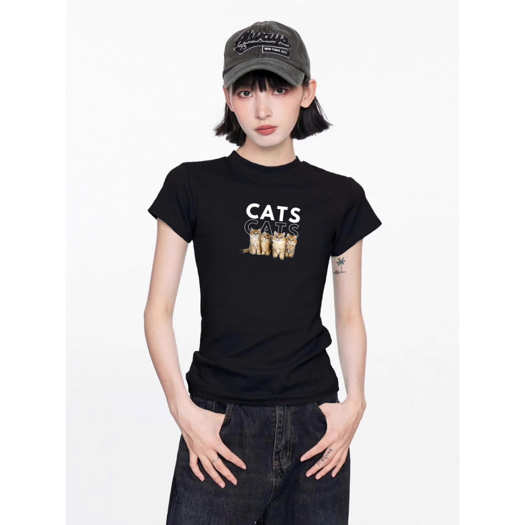 Áo Baby tee nữ hình mèo chất cotton - Áo thun Baby tee nữ LOZA ET8234_thumbnail_0