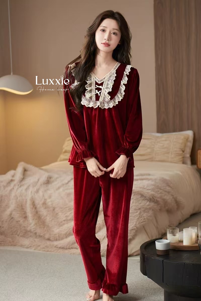 NHUNG34 Bộ ngủ nhung cổ ren trắng đính nơ_thumbnail_13