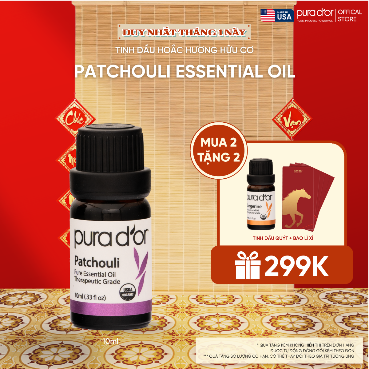 Tinh Dầu Hoắc Hương Hữu Cơ Pura D'or Therapeutic Grade Patchouli Essential Oil 10ml