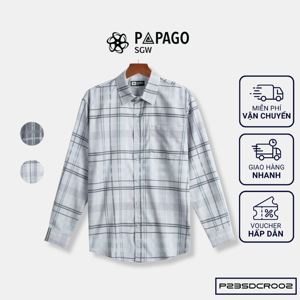 Áo sơ mi nam trung niên PAPAGO cao cấp tay dài vải lụa lai bầu in hoạ tiết sọc caro mềm mát - P23SDCR002_thumbnail_3