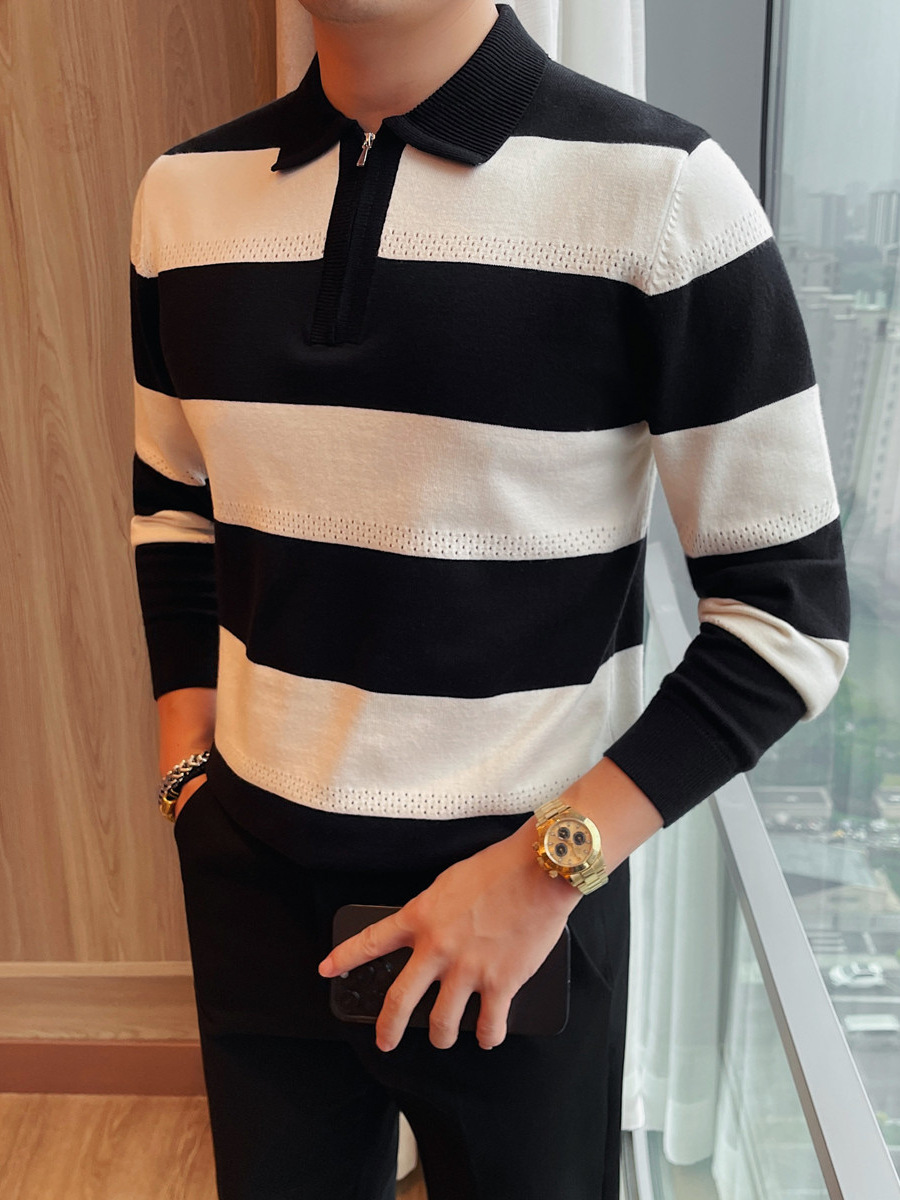 PA09 – Áo len nam dệt kim kẻ sọc cổ trụ, dáng ôm business casual mùa đông 2025