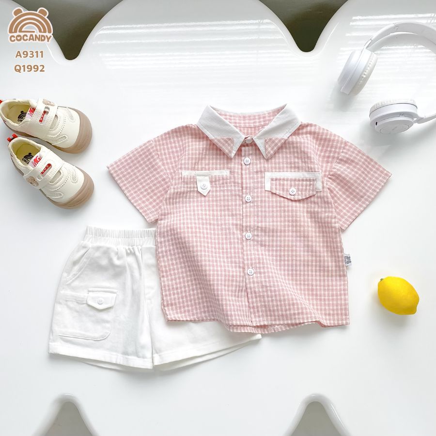 Áo cộc caro HỒNG nẹp 2 túi ngực