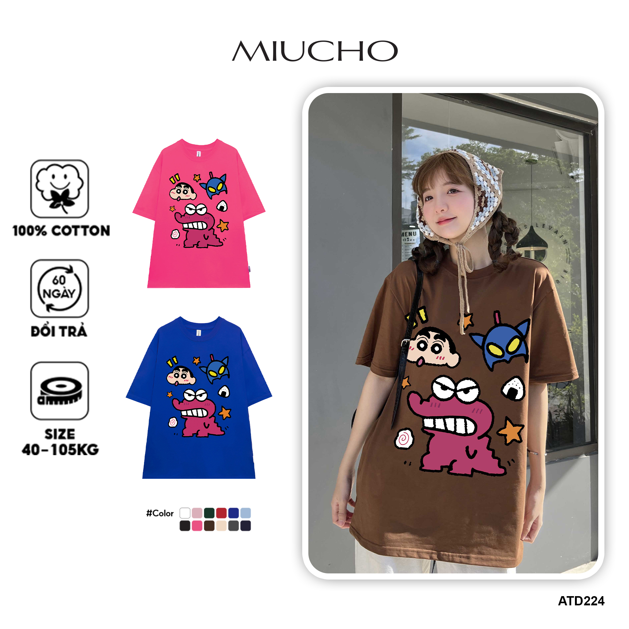 Áo thun nữ in hình Shin dễ thương form rộng ATD224 Miucho cotton spandex in Artwork