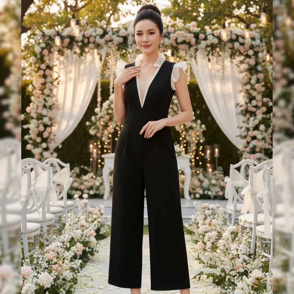 Jumpsuit phối bèo cổ khoét V phong cách