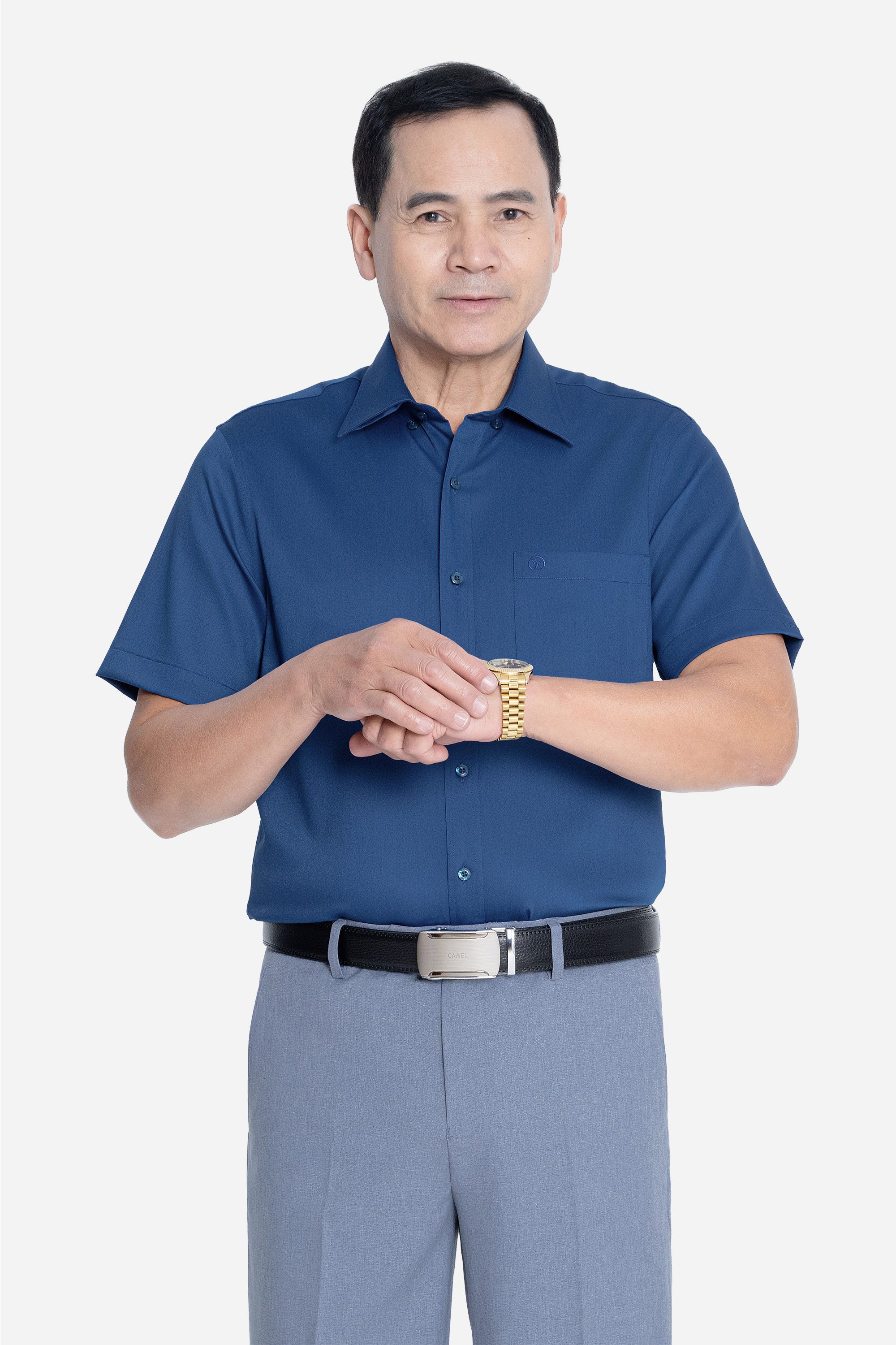 Sơ Mi Trơn Cộc Tay Nam Trung Niên ANCHI Chất Liệu Sợi Sồi Cao Cấp Màu Xanh_thumbnail_9