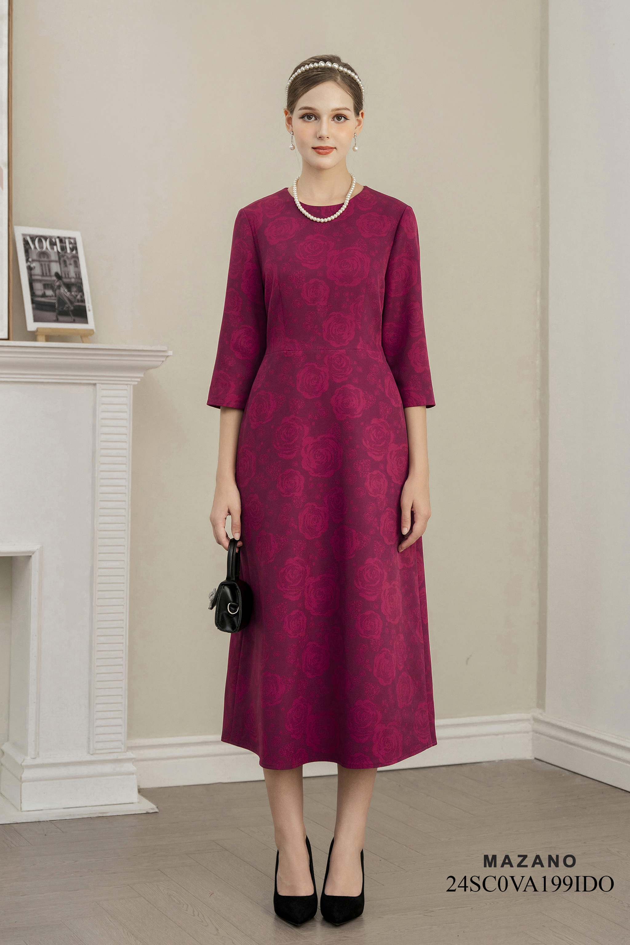 Váy Đầm Ôm Vải thô chun Hoạ tiết hoa hồng cách điệu Cổ tròn Tay lỡ Dài qua bắp chân