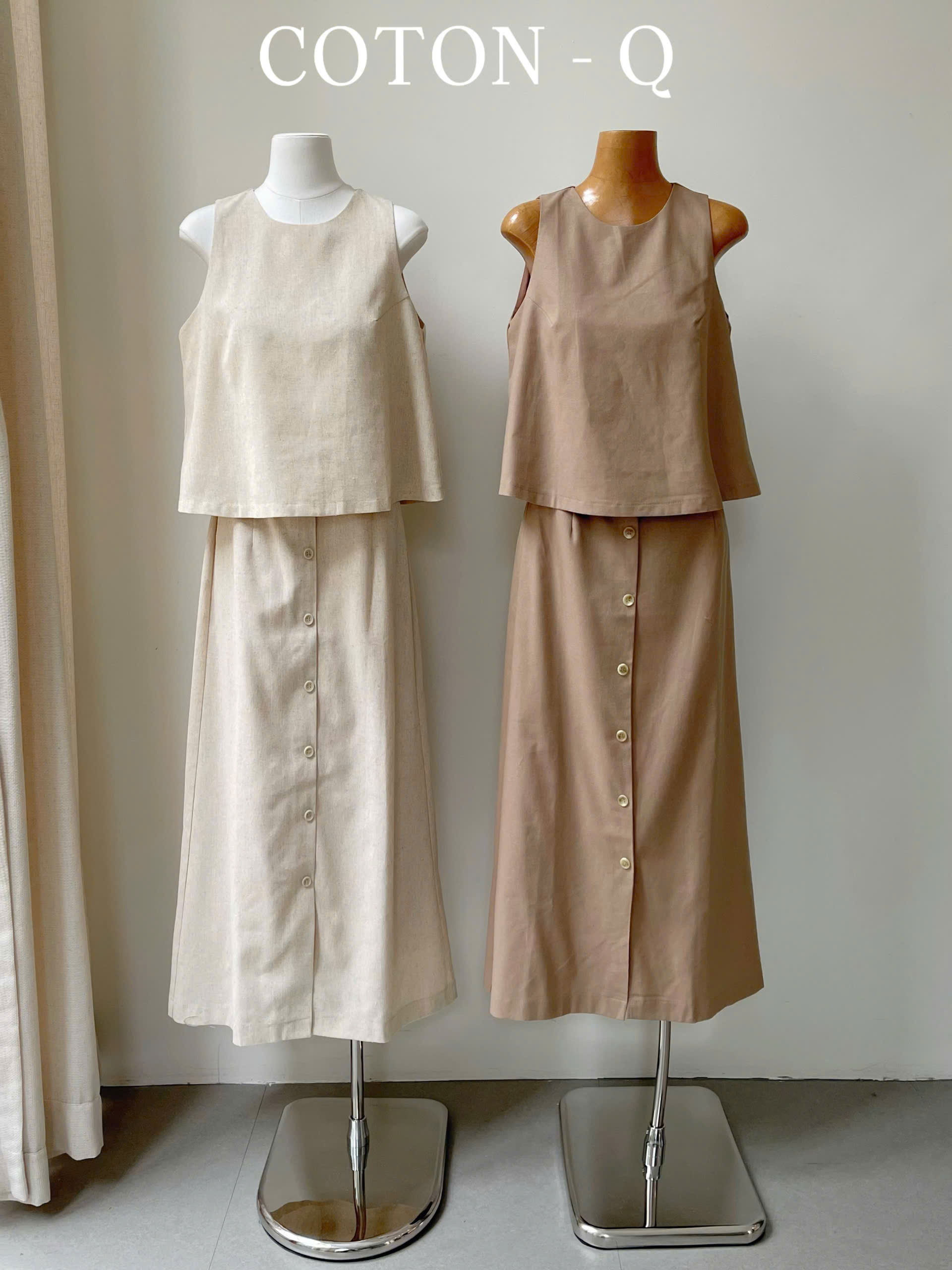 HJ98 Set áo sát nách linen + chân váy dài ( BE )