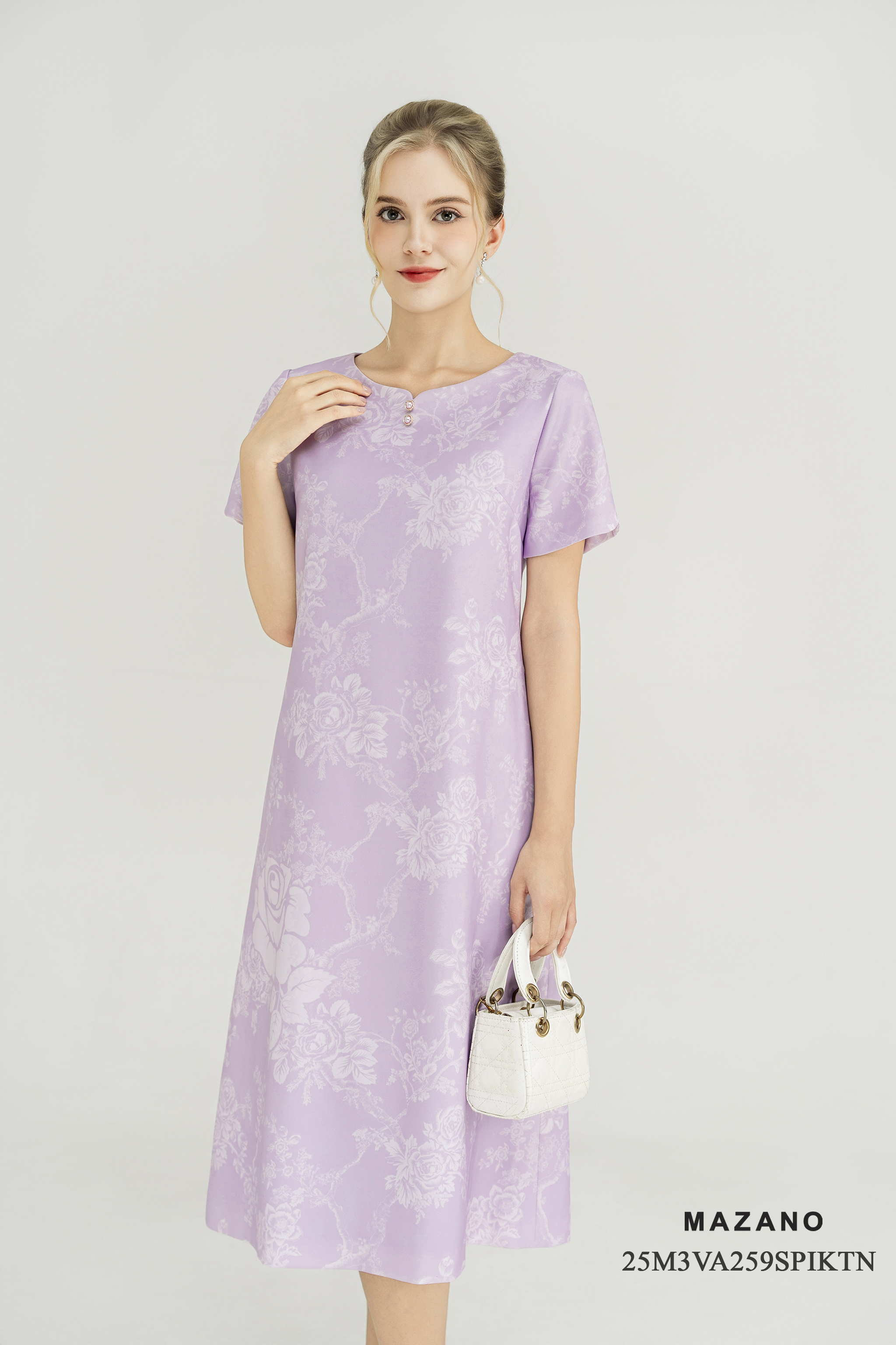 Váy Đầm Suông Vải thô dày Hoạ tiết cách điệu Cổ tròn Tay ngắn Dài qua bắp chân_thumbnail_3