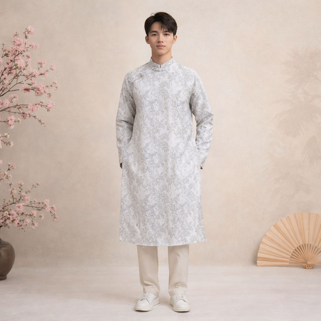 Áo Dài Nam Gấm Châu Sa Họa Tiết – Cách Tân Khóa Lưng Cúc Giả NA25-05