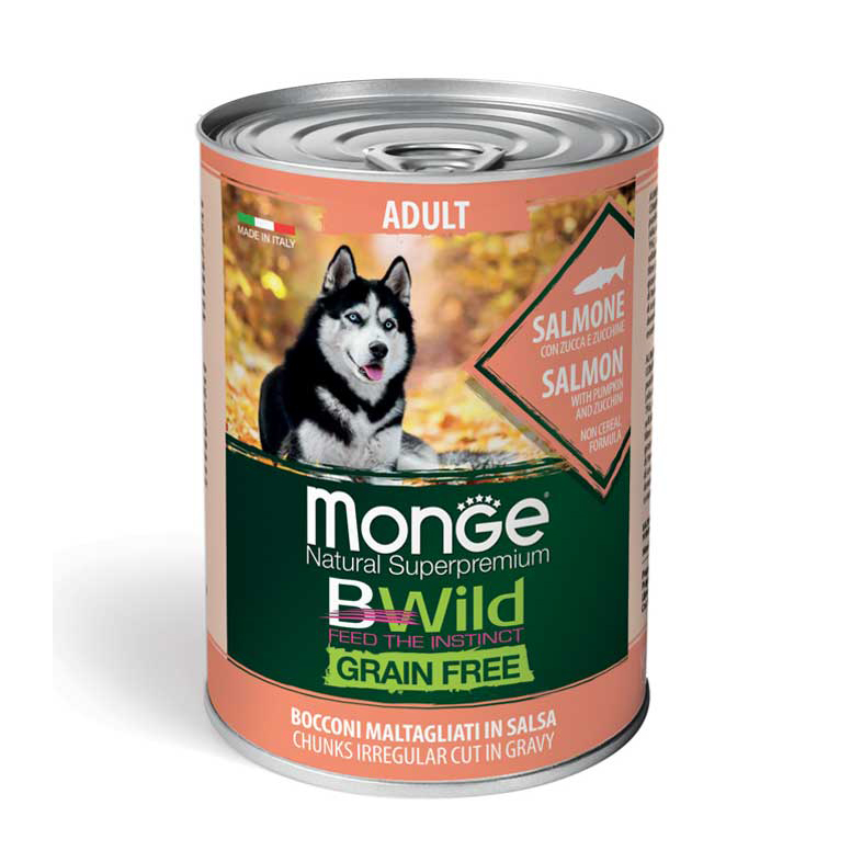 Pate MONGE Bwild cho chó Grain Free  400gr (Hương vị Cá Hồi, Bí đỏ và Bí Xanh)