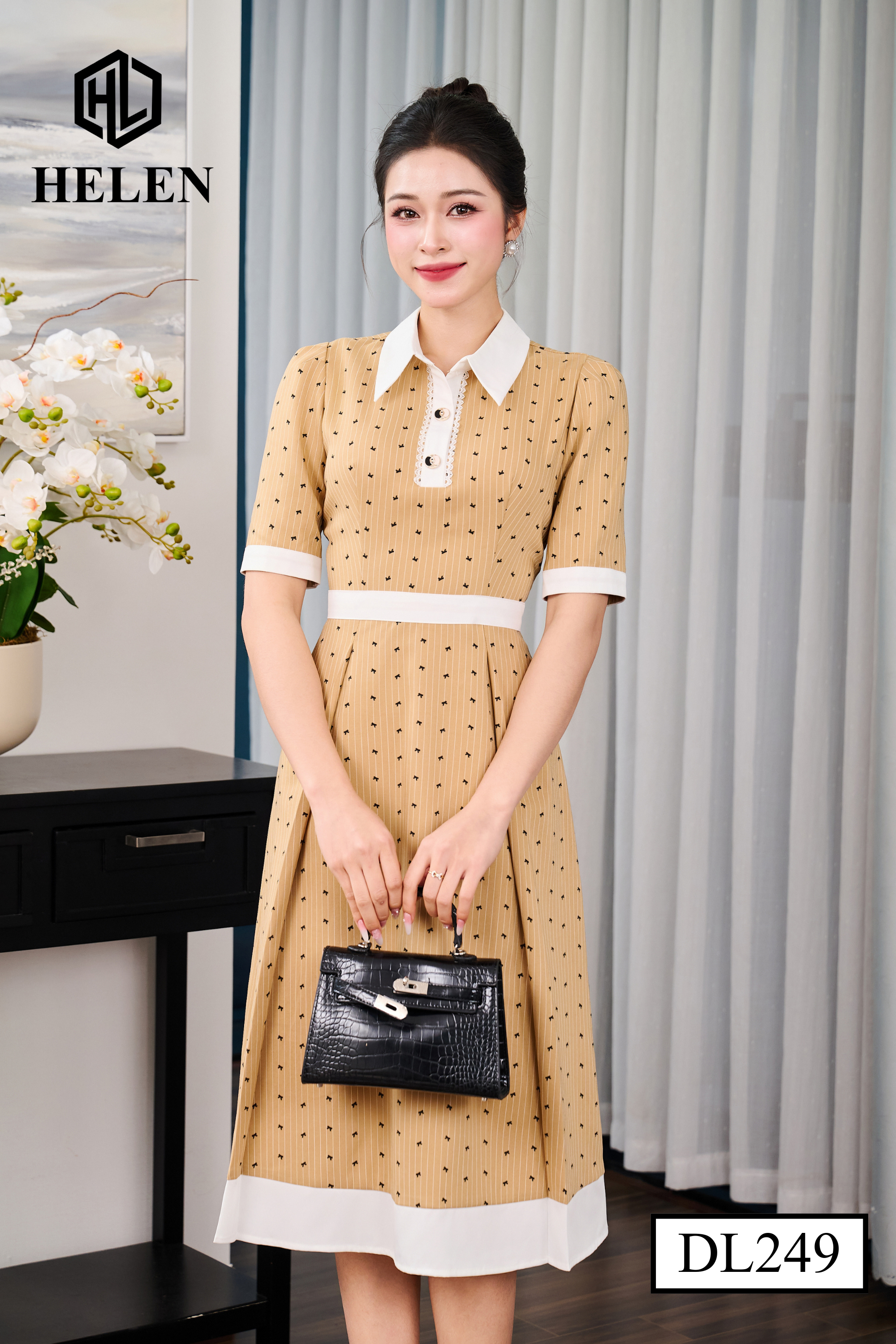 Đầm xòe vàng gừng họa tiết nơ cổ đức DL249