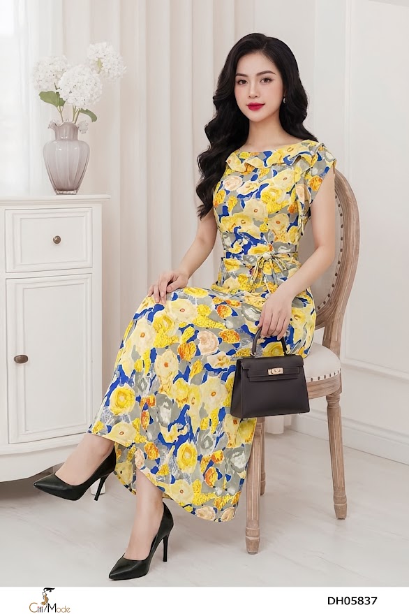 Đầm xòe hoa vang cổ bèo nhún eo thắt đai_thumbnail_2