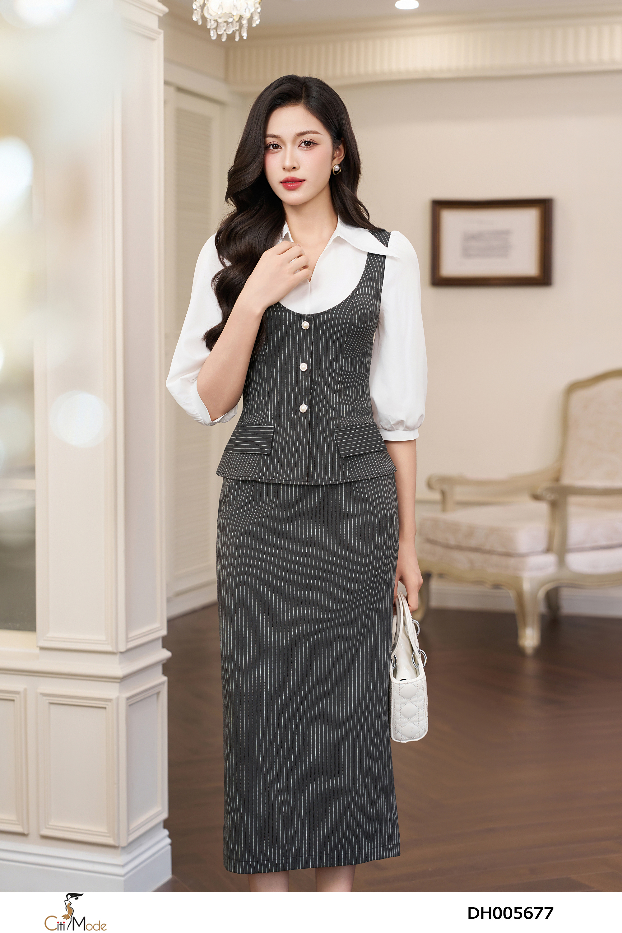 Đầm ôm kẻ ghi xám phối trắng cổ đức tay lỡ_thumbnail_2