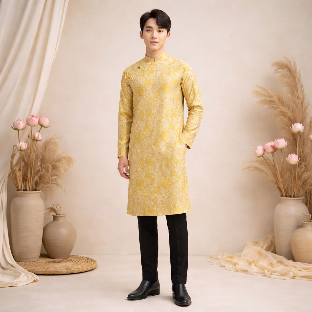 Áo Dài Nam Gấm Châu Sa Họa Tiết – Cách Tân Khóa Lưng Cúc Giả NA25-05_thumbnail_2