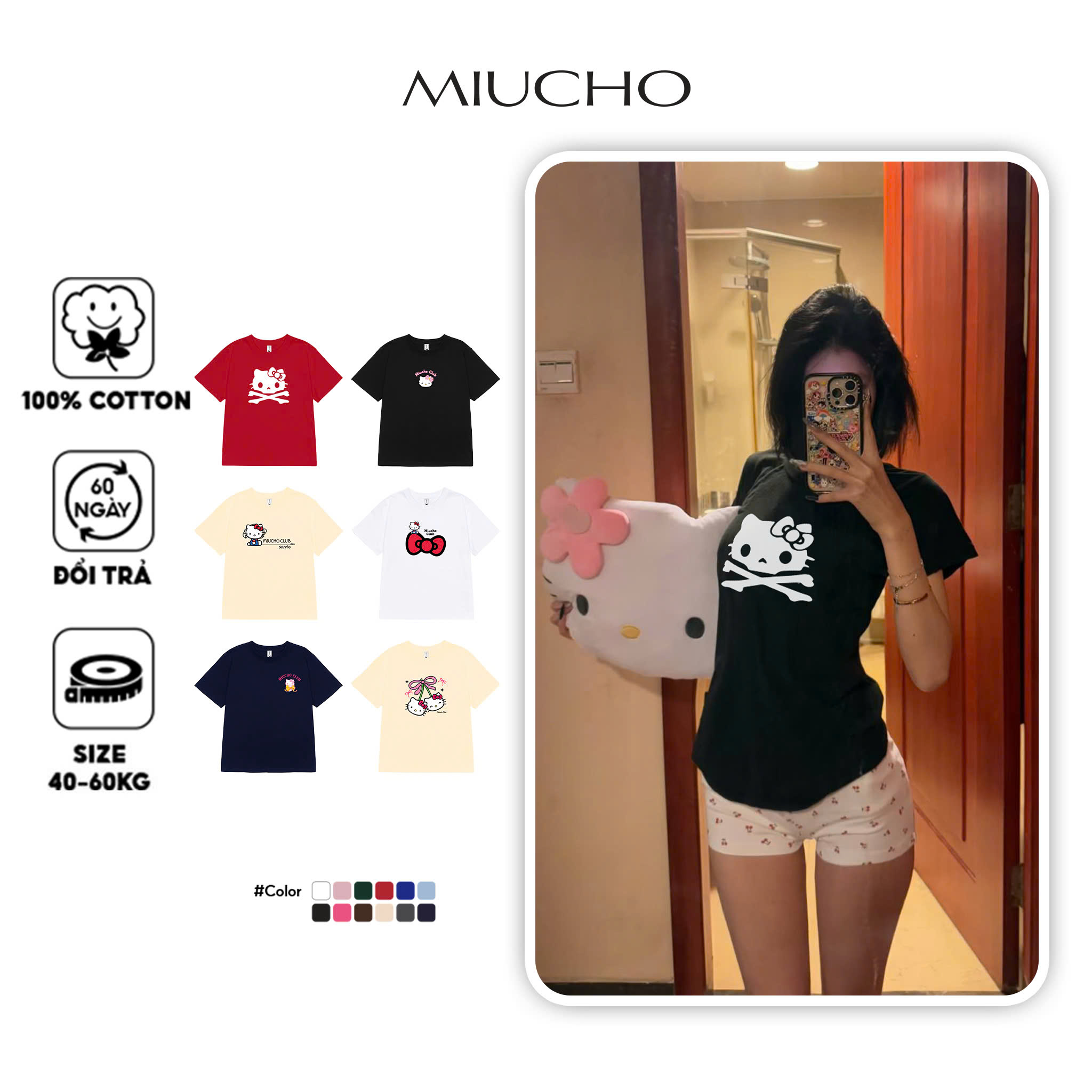 Áo baby tee mèo dễ thương Miucho BST cổ tròn tay ngắn vải cotton 4c co giãn in mix