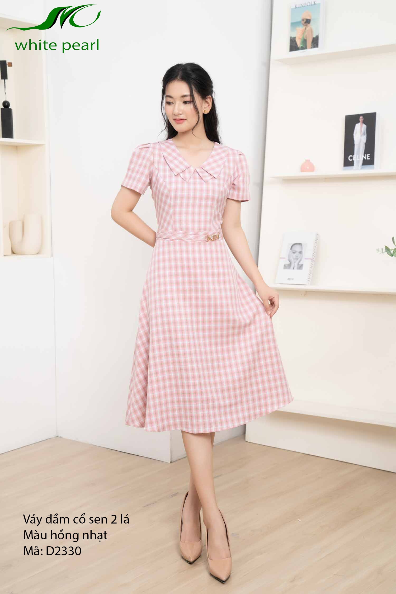 Đầm sen vuông 2 lá kẻ thời trang công sở cao cấp White Pearl_thumbnail_4