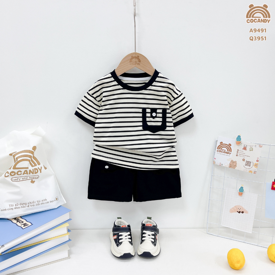 Áo cộc kẻ ĐEN BE cổ tròn túi ngực phối_thumbnail_1