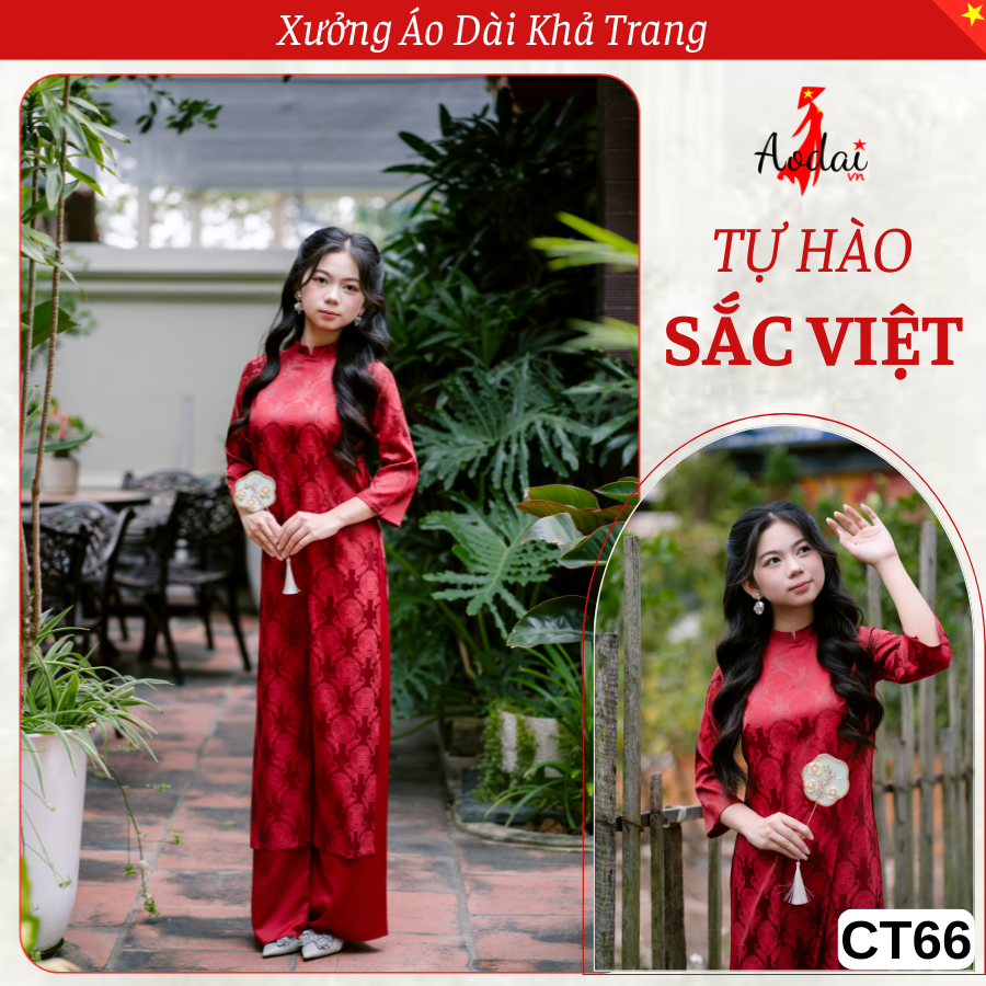 Bộ Áo Dài Cách Tân G66 Gấm Thọ Rơi Màu Đỏ Đô Cổ Cao 2cm Tay lỡ