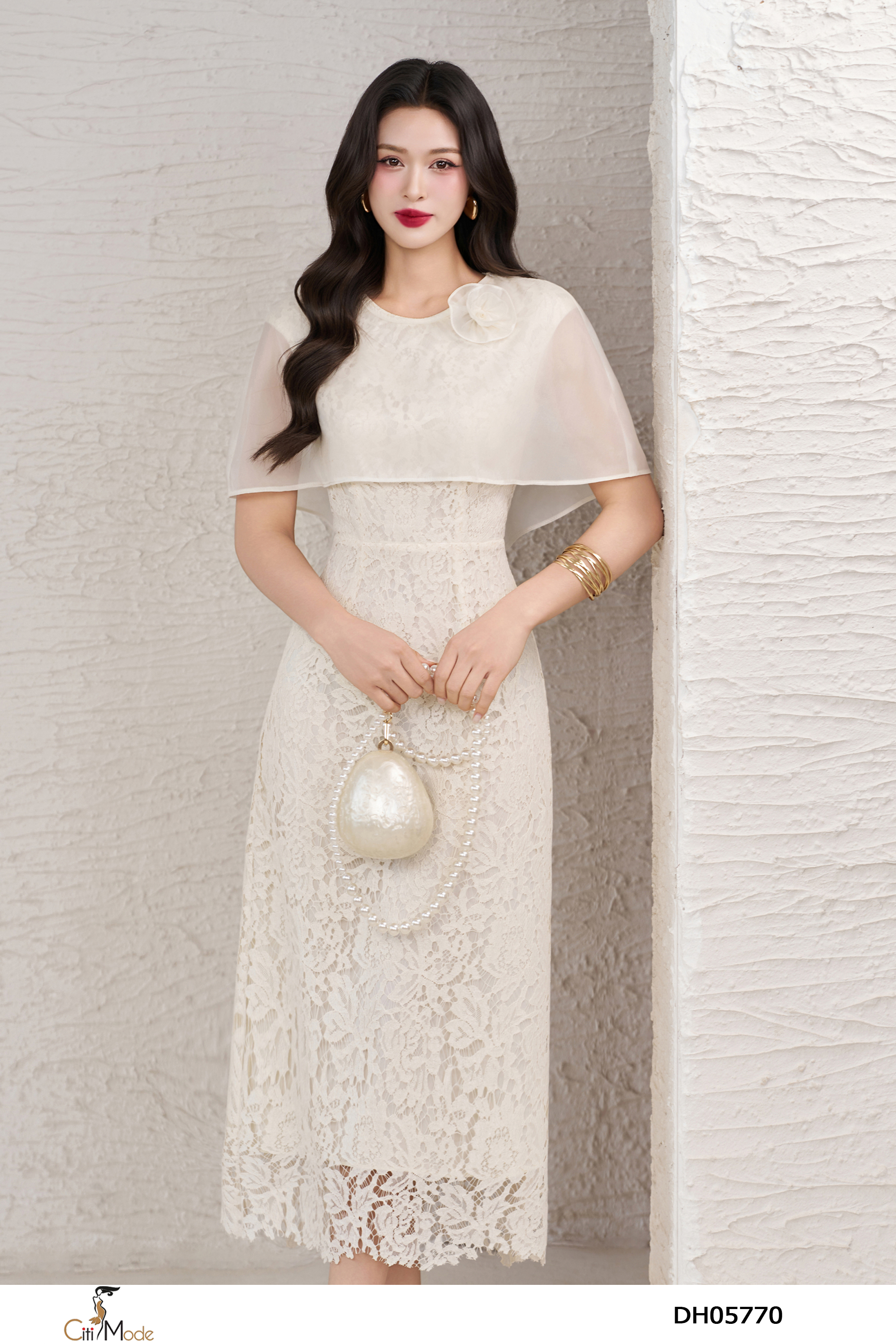 Đầm xòe ren kem cổ tròn phối tà ngoài_thumbnail_2