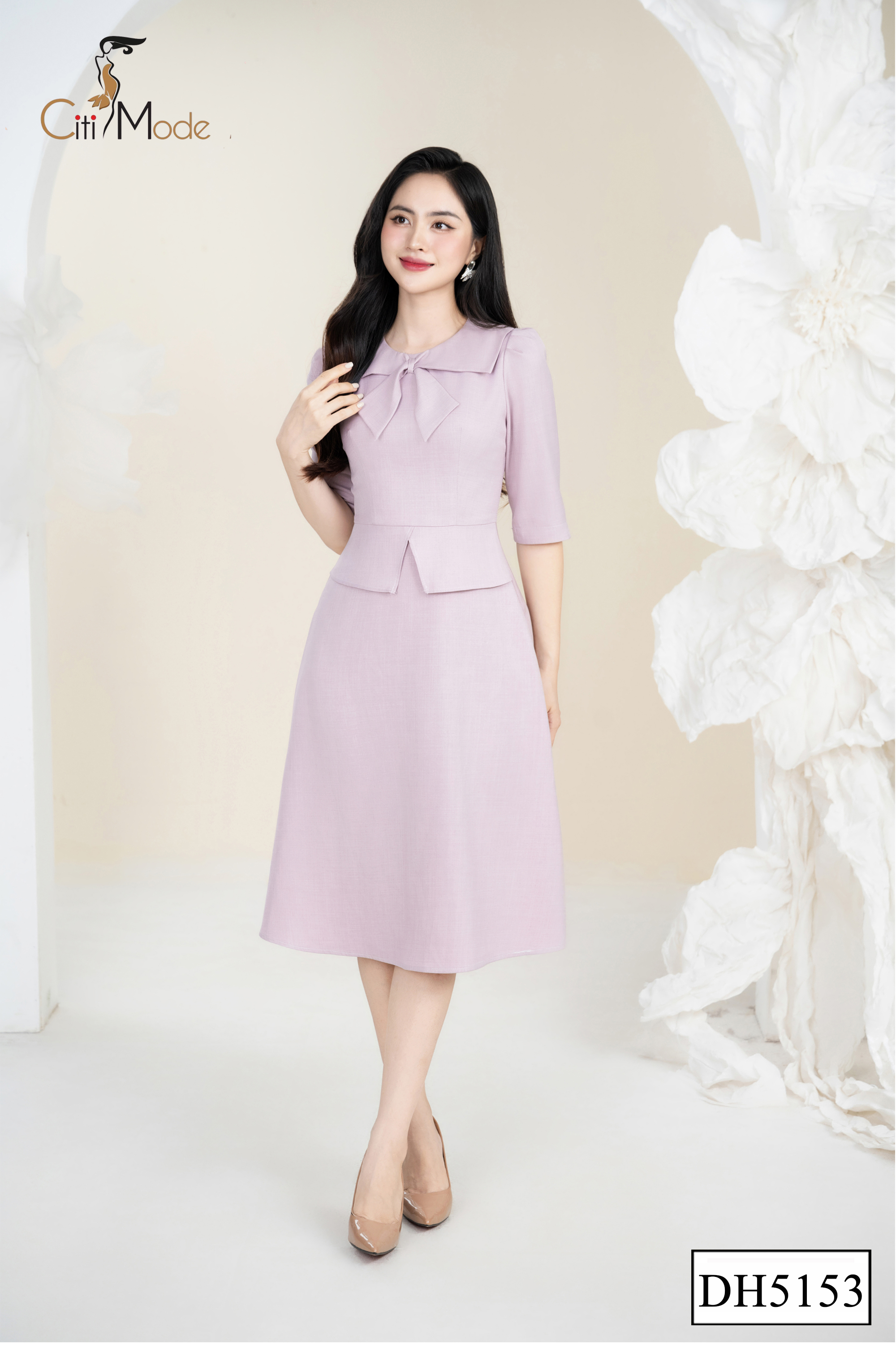 Đầm xoè peplum hồng tay lỡ cổ vạt vuông_thumbnail_2