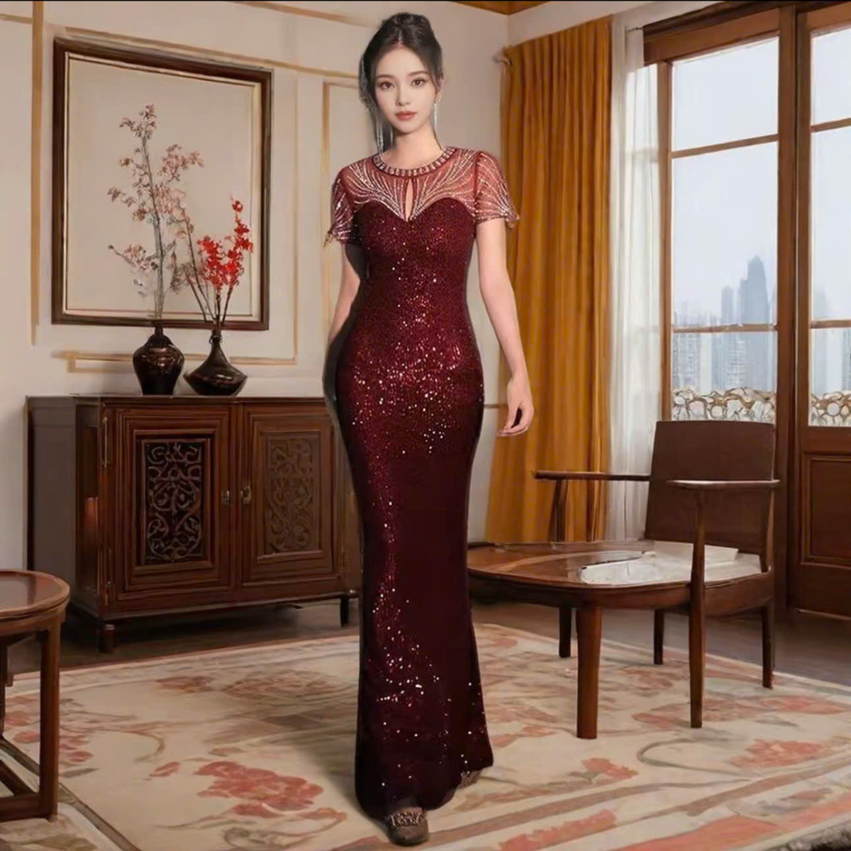 Đầm dự tiệc dạ hội tay con phối đá xà cừ sang trọng