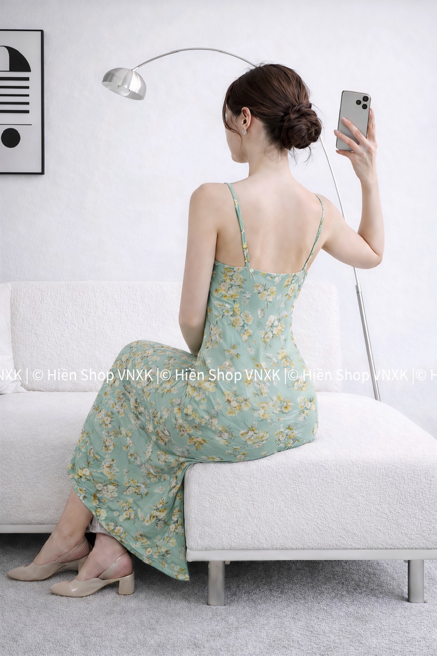 Đầm 2 Dây Wordshop màu xanh lá