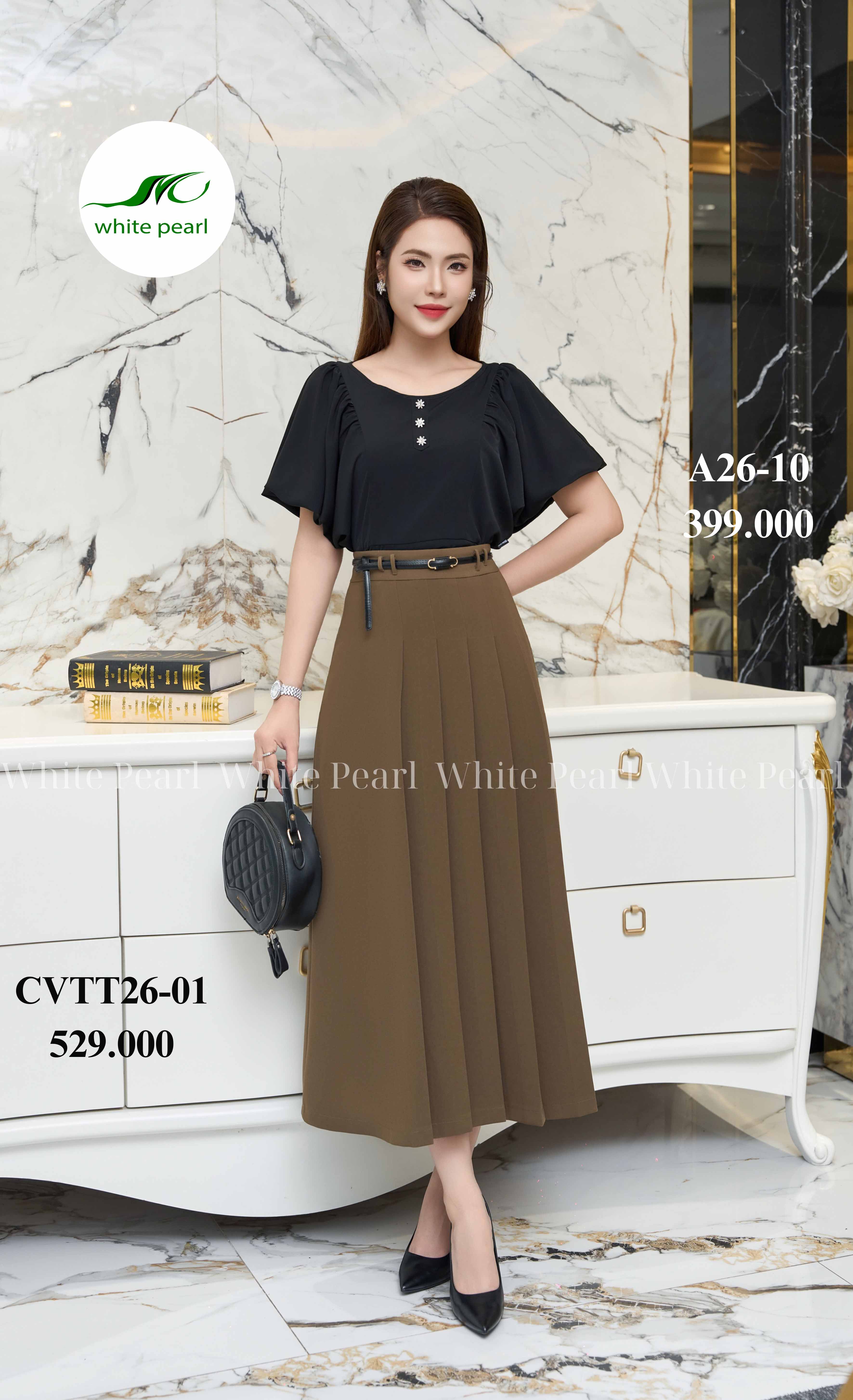 Chân váy thời trang xoè xếp 6 ly lệch thời trang công sở nữ cao cấp White Pearl_thumbnail_0