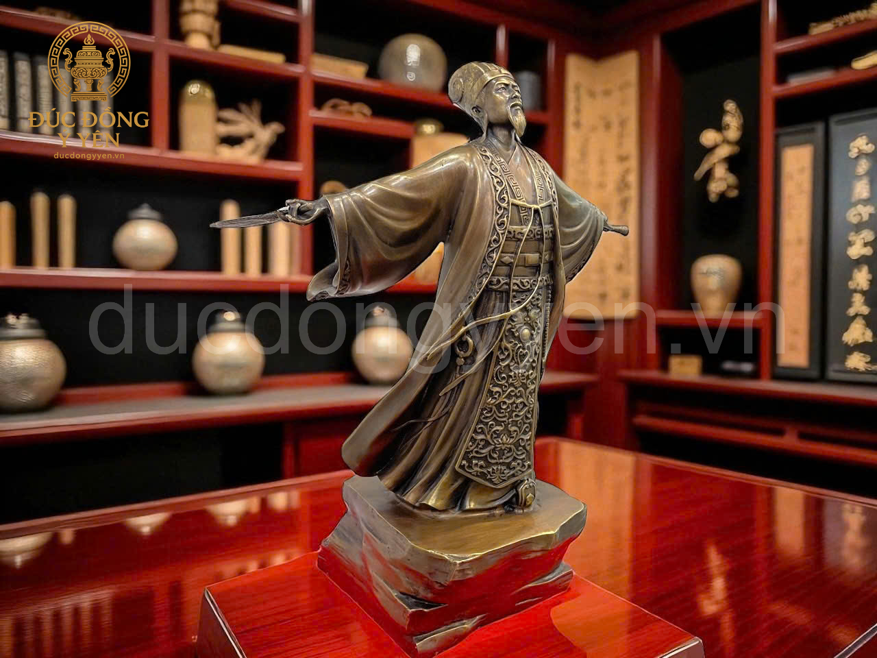 Tượng khổng minh gia cát lượng cao 45 cm đúc đồng vàng thau hun màu giả cổ _thumbnail_1