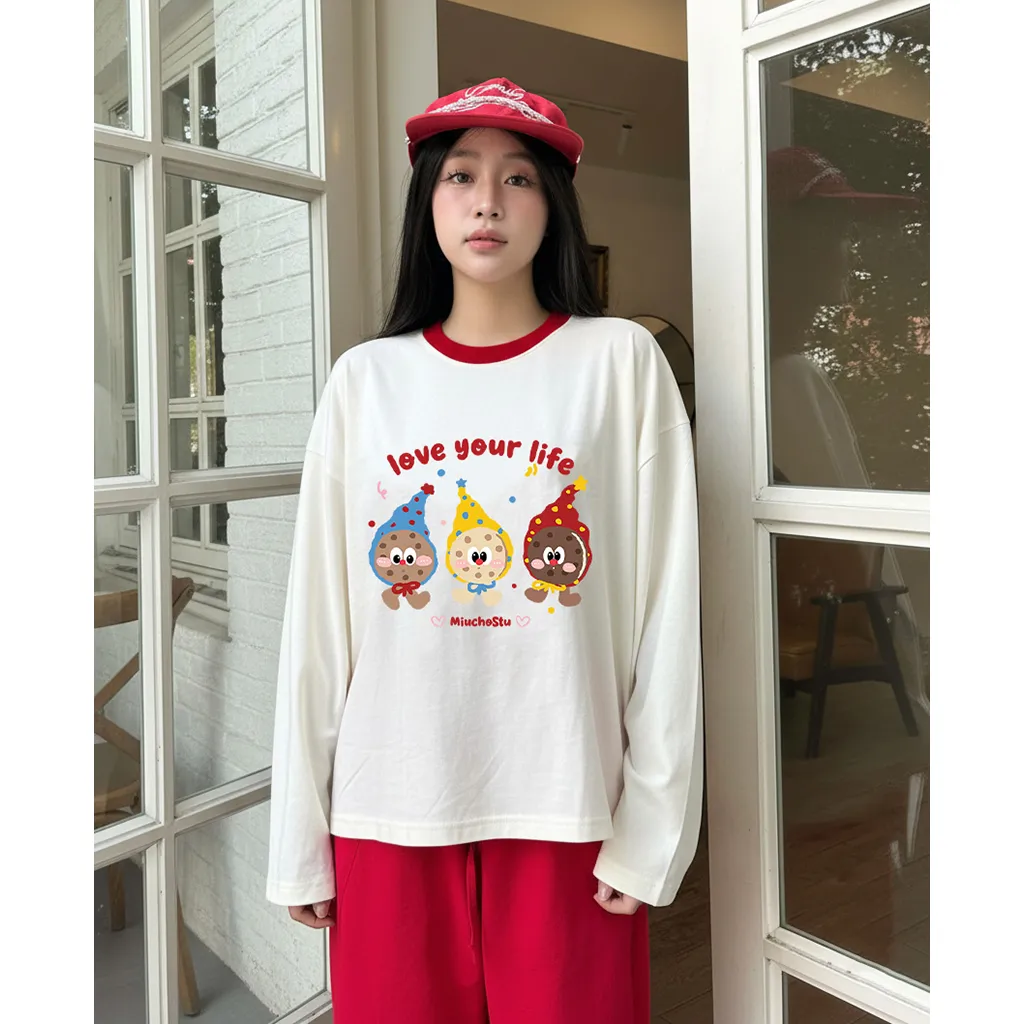 Áo thun boxy Miucho vải dày dặn thoáng mát tay dài cổ tròn Love your life in mix 2836_thumbnail_2