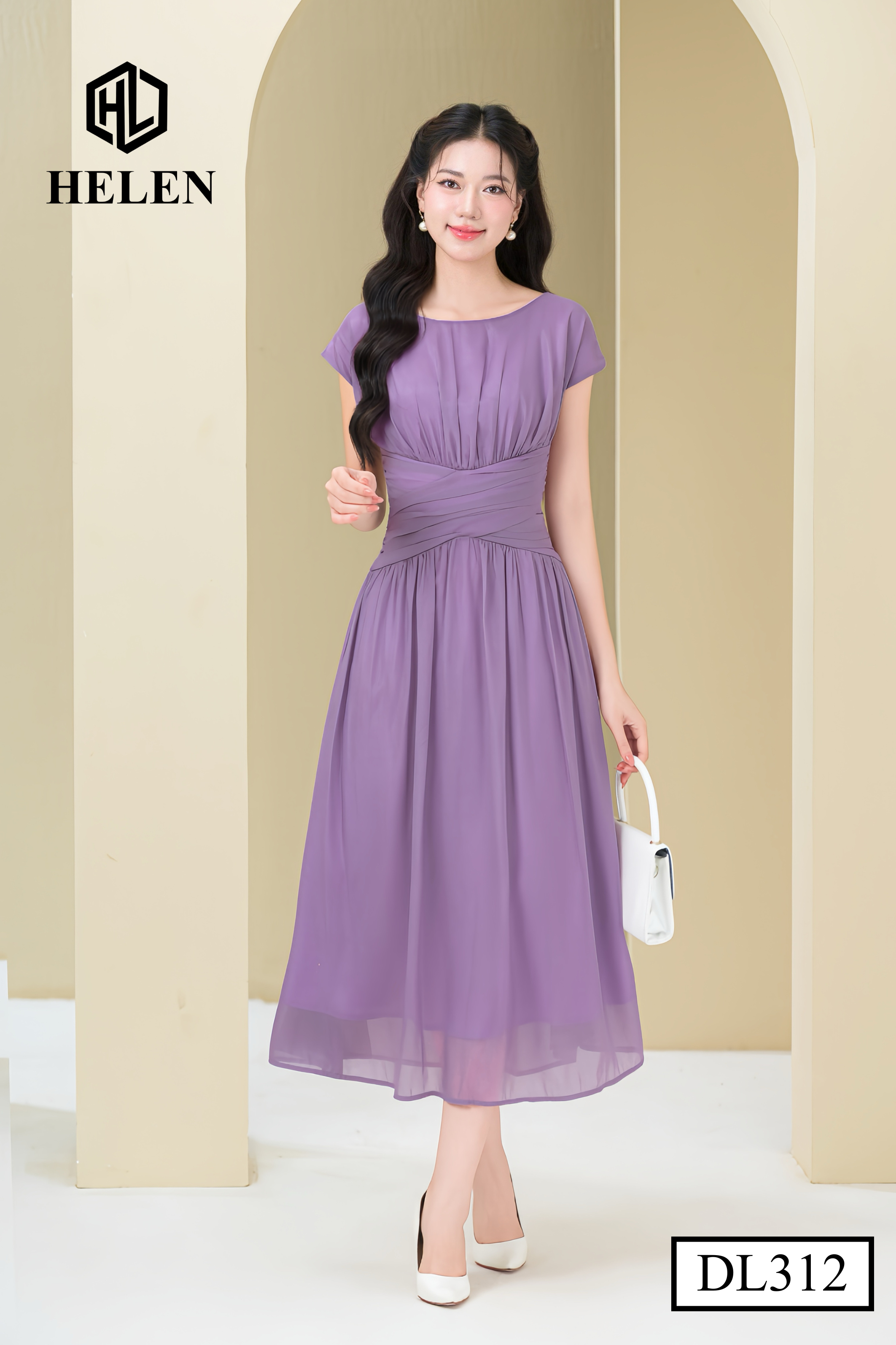 Đầm xòe tơ tím xếp eo vai chờm DL312_thumbnail_3